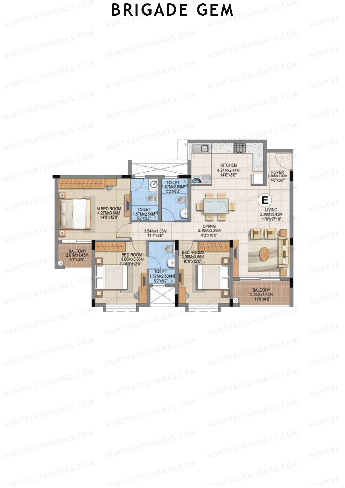 Brigade Gem Block A Unit 1 (Type E) Floor Plan