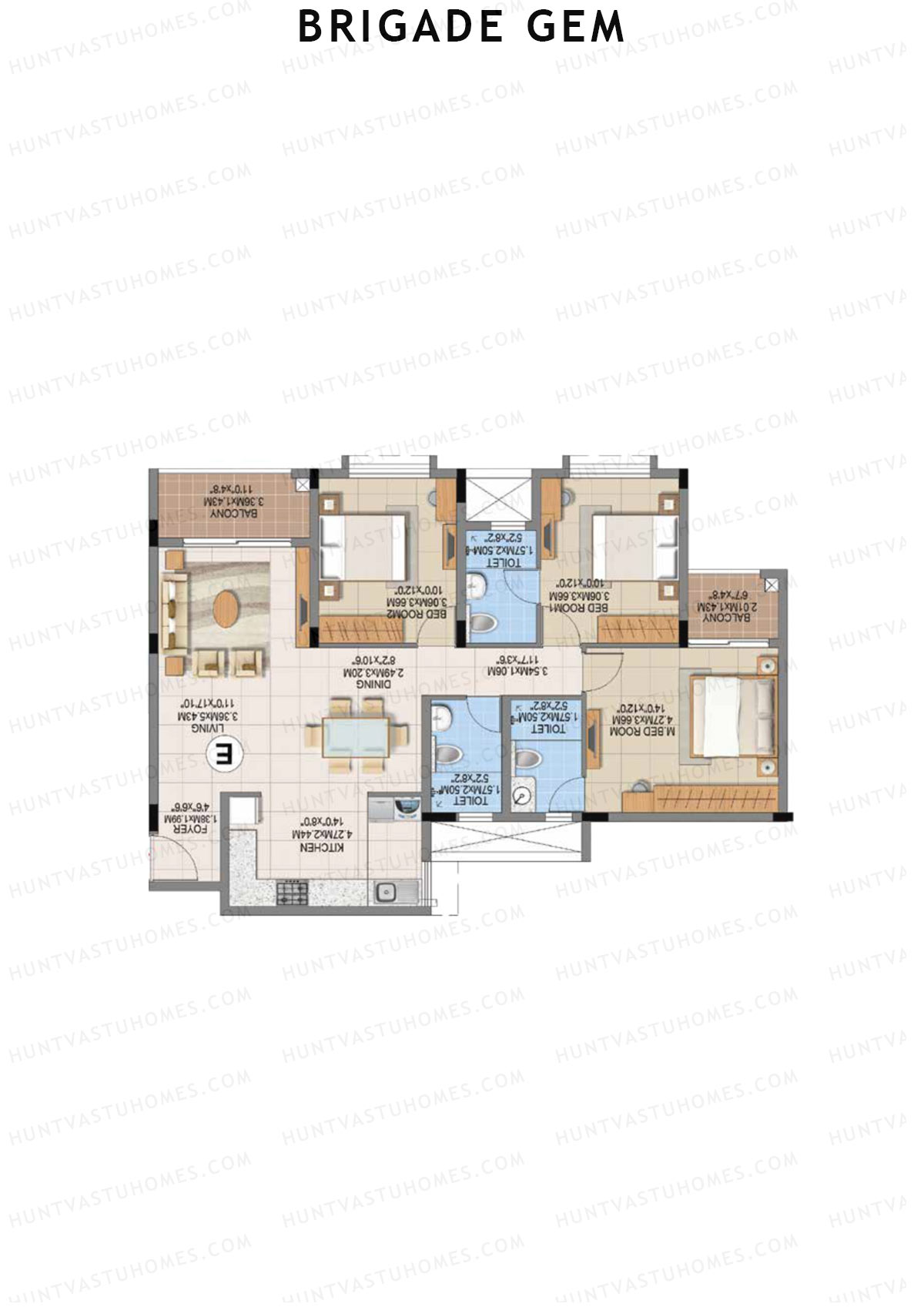Brigade Gem Block A Unit 3 (Type E) Floor Plan