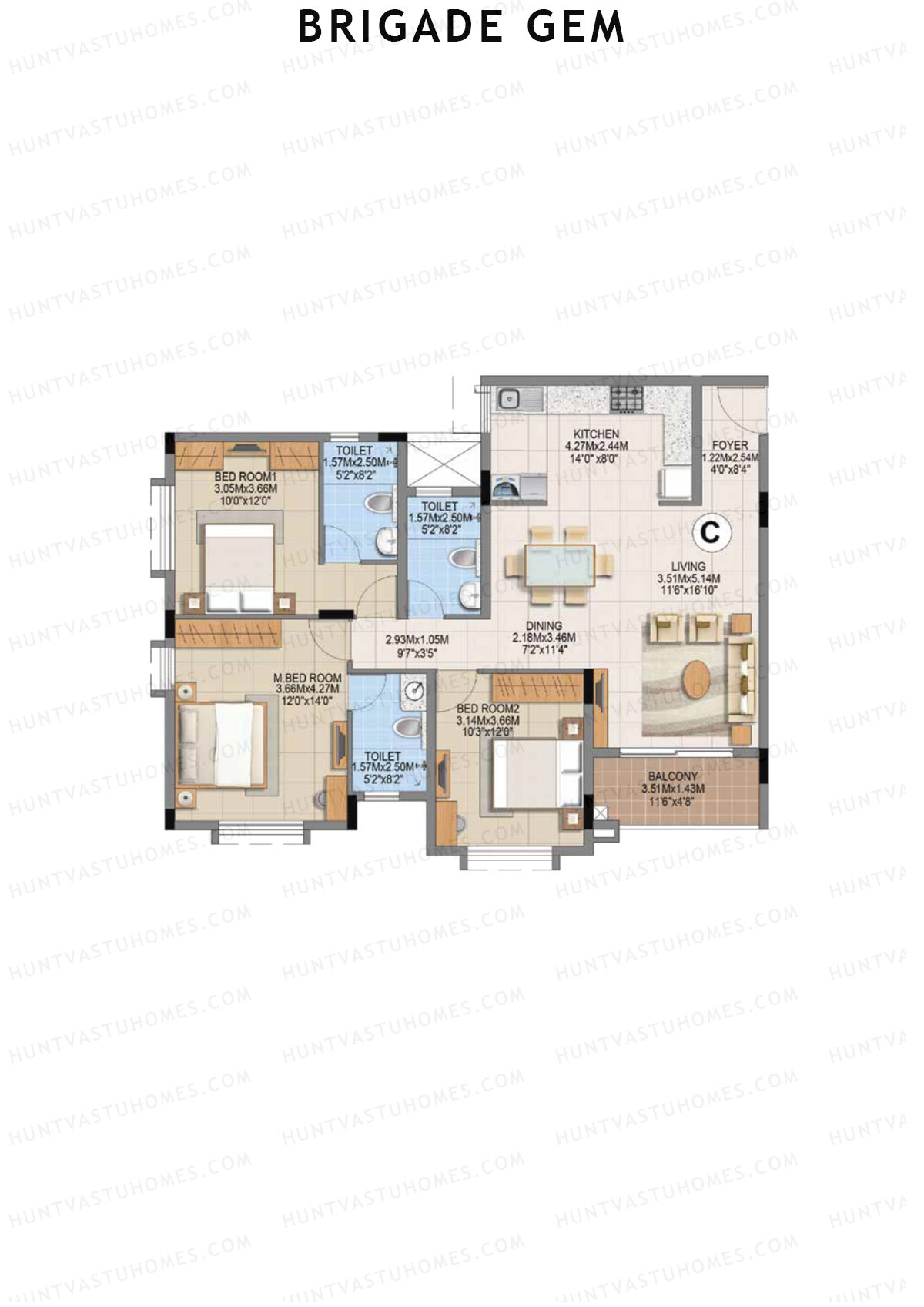 Brigade Gem Block D Unit 22 (Type C) Floor Plan