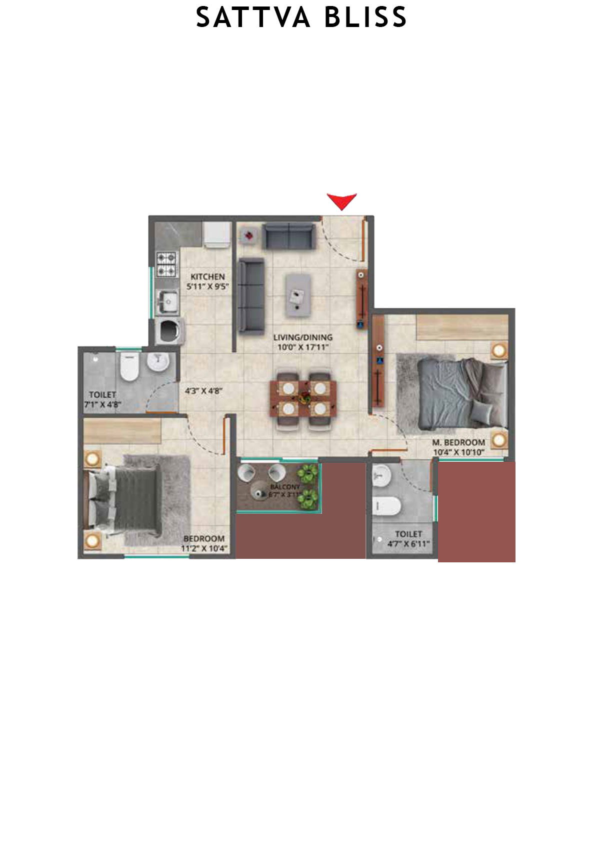 Sattva Bliss Wing B Unit 103 (Type 1) Floor Plan