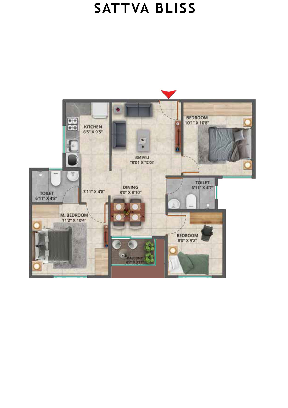 Sattva Bliss Wing B Unit 105 (Type 1) Floor Plan