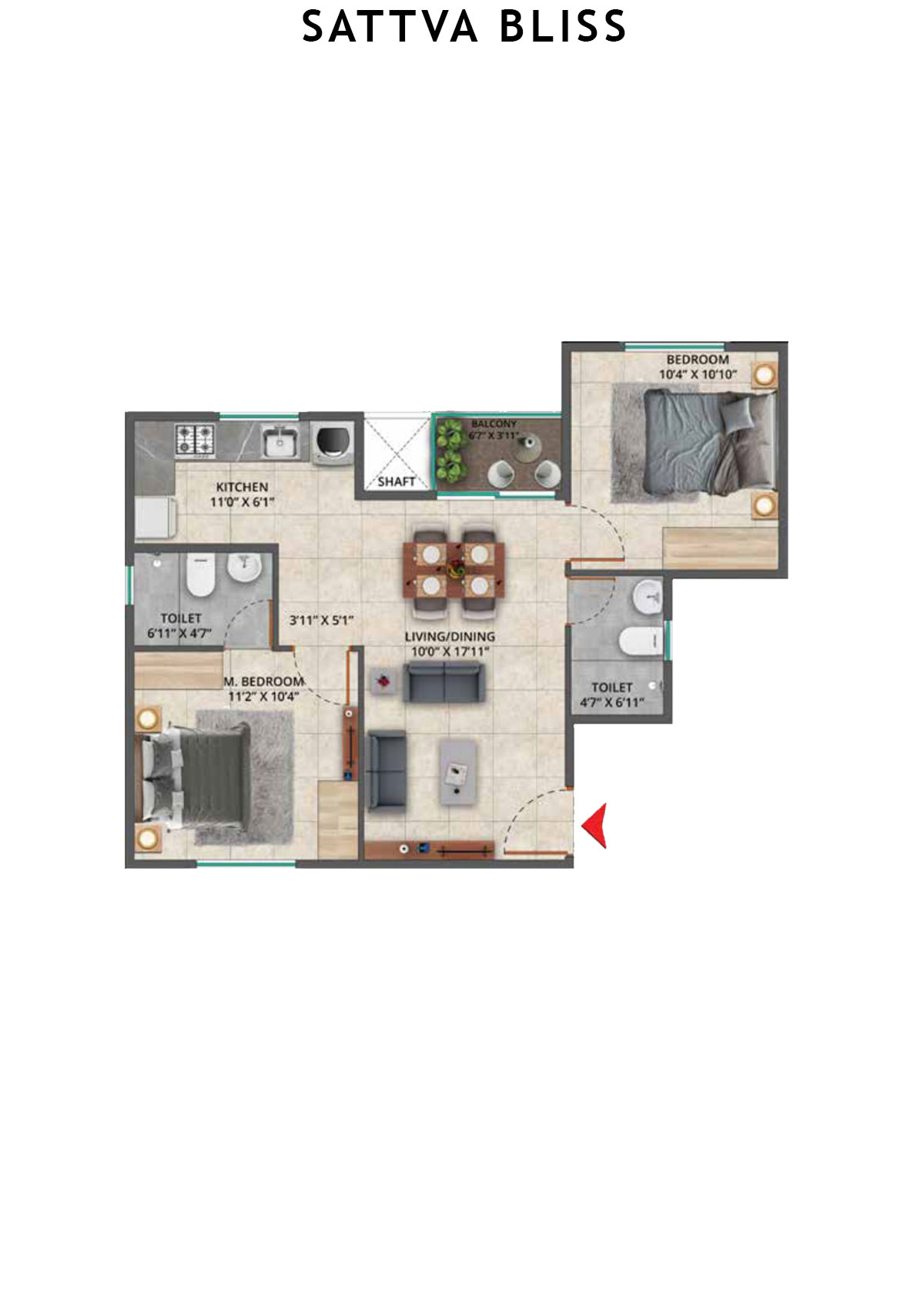 Sattva Bliss Wing B Unit 206 (Type 3) Floor Plan