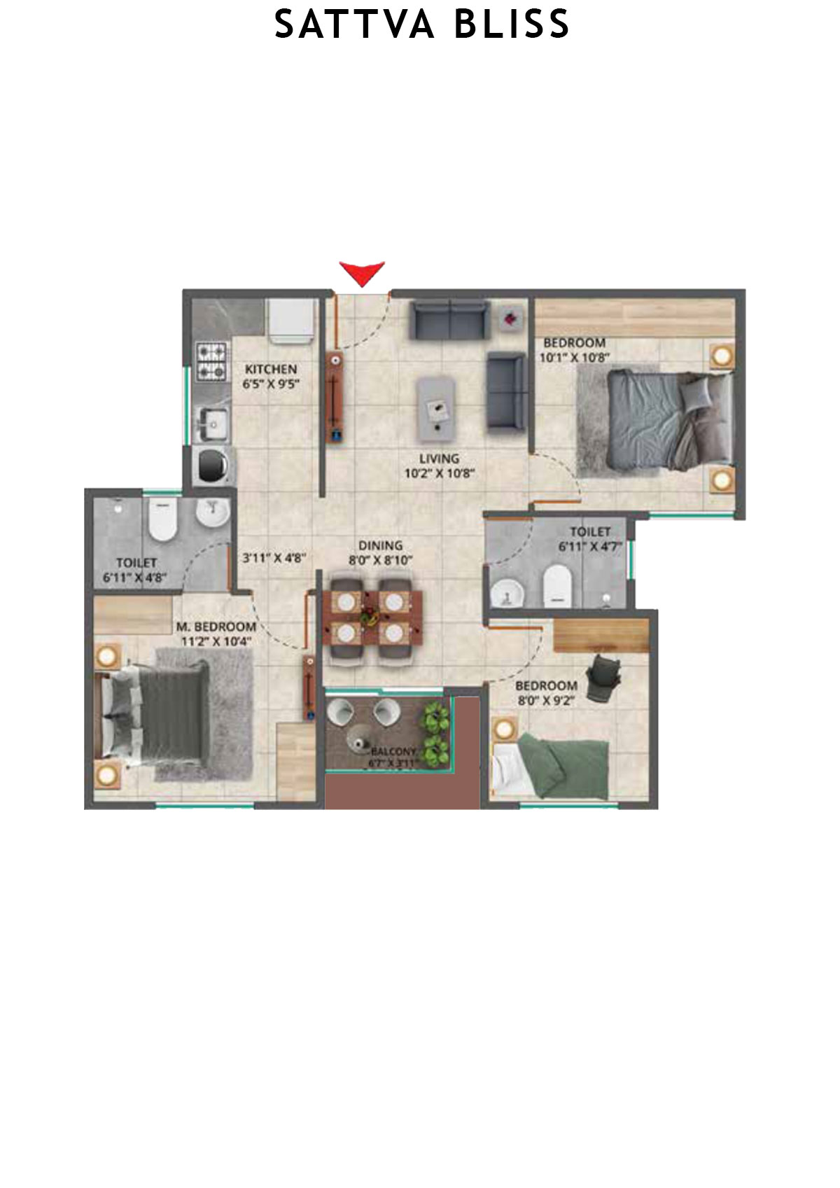 Sattva Bliss Wing C Unit 104 (Type 1A) Floor Plan