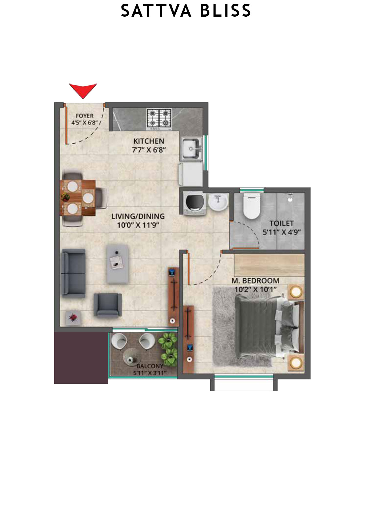 Sattva Bliss Wing C Unit 105 (Type 1) Floor Plan
