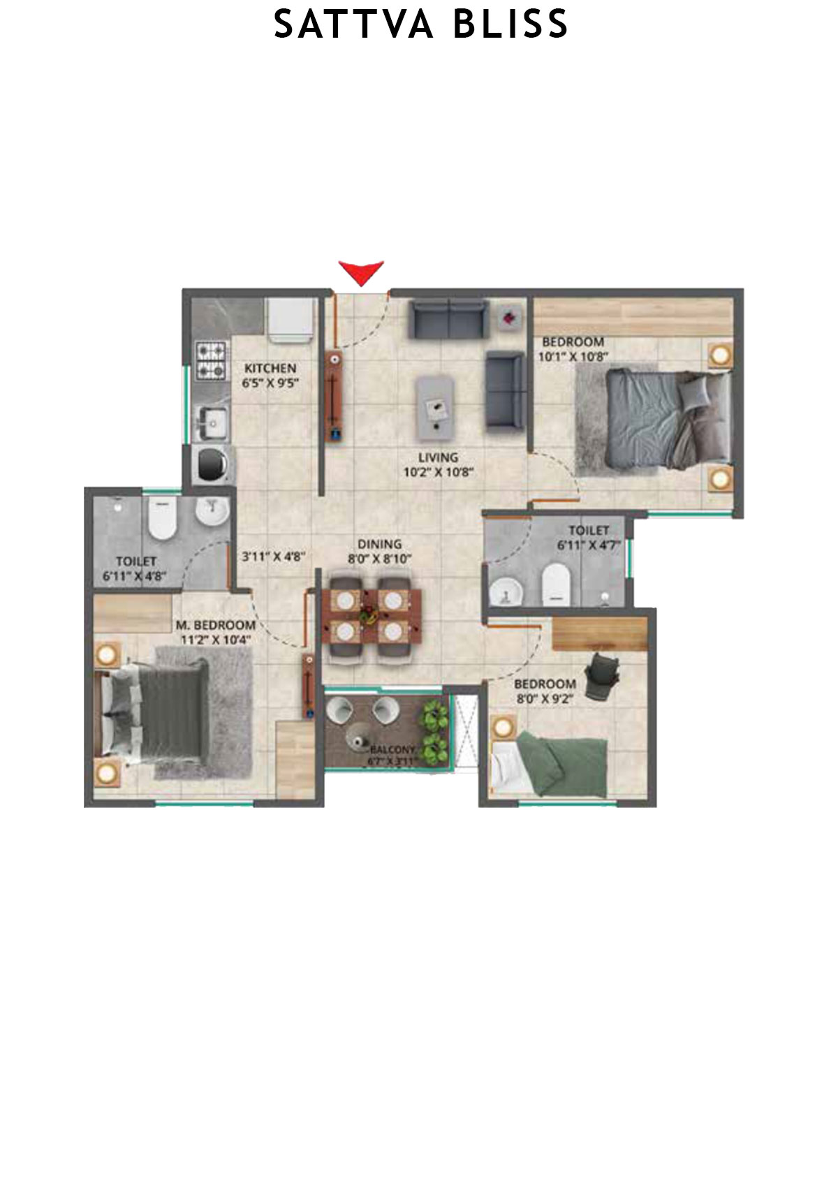 Sattva Bliss Wing C Unit 204 (Type 1A) Floor Plan