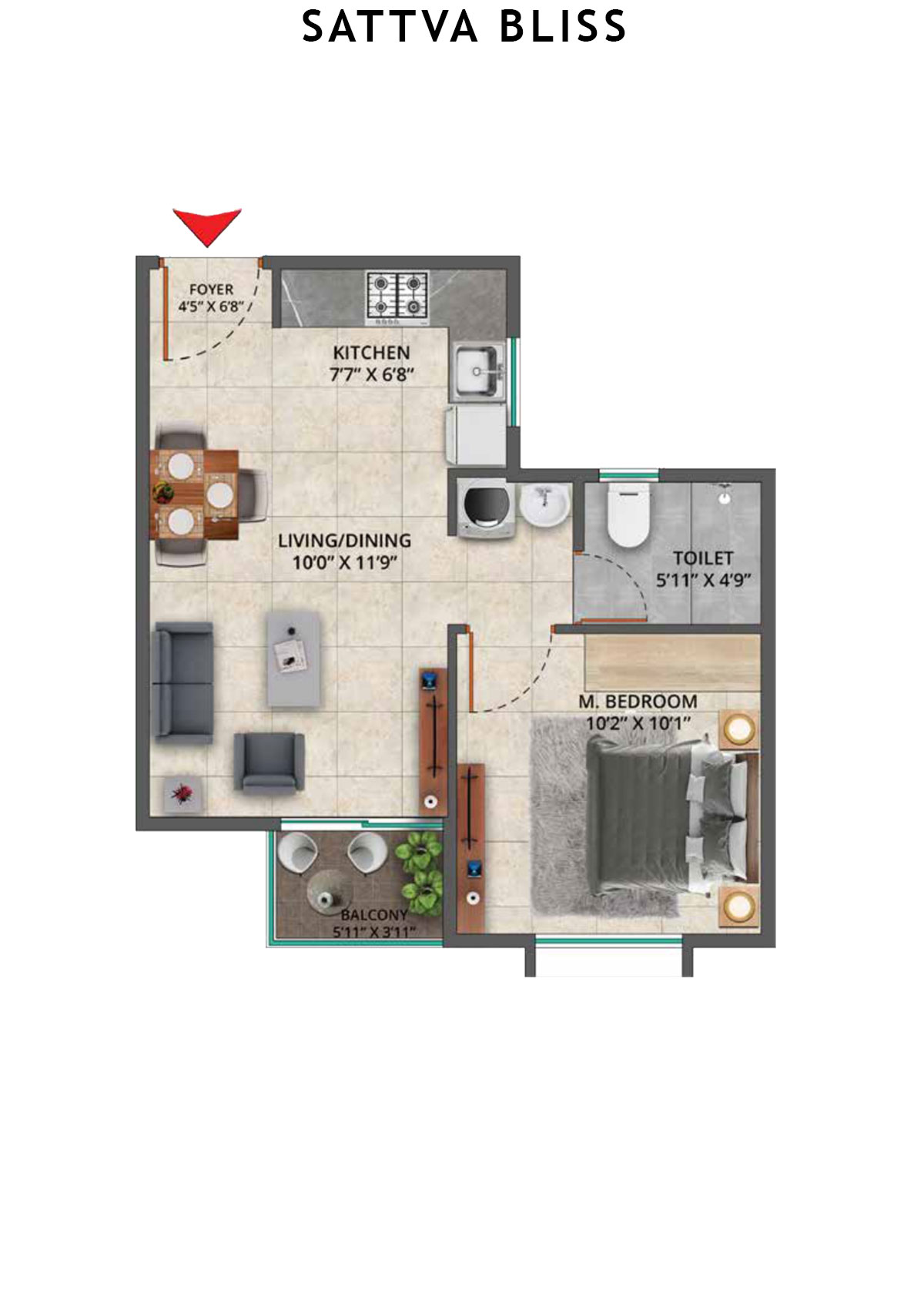 Sattva Bliss Wing C Unit 308 (Type 1) Floor Plan