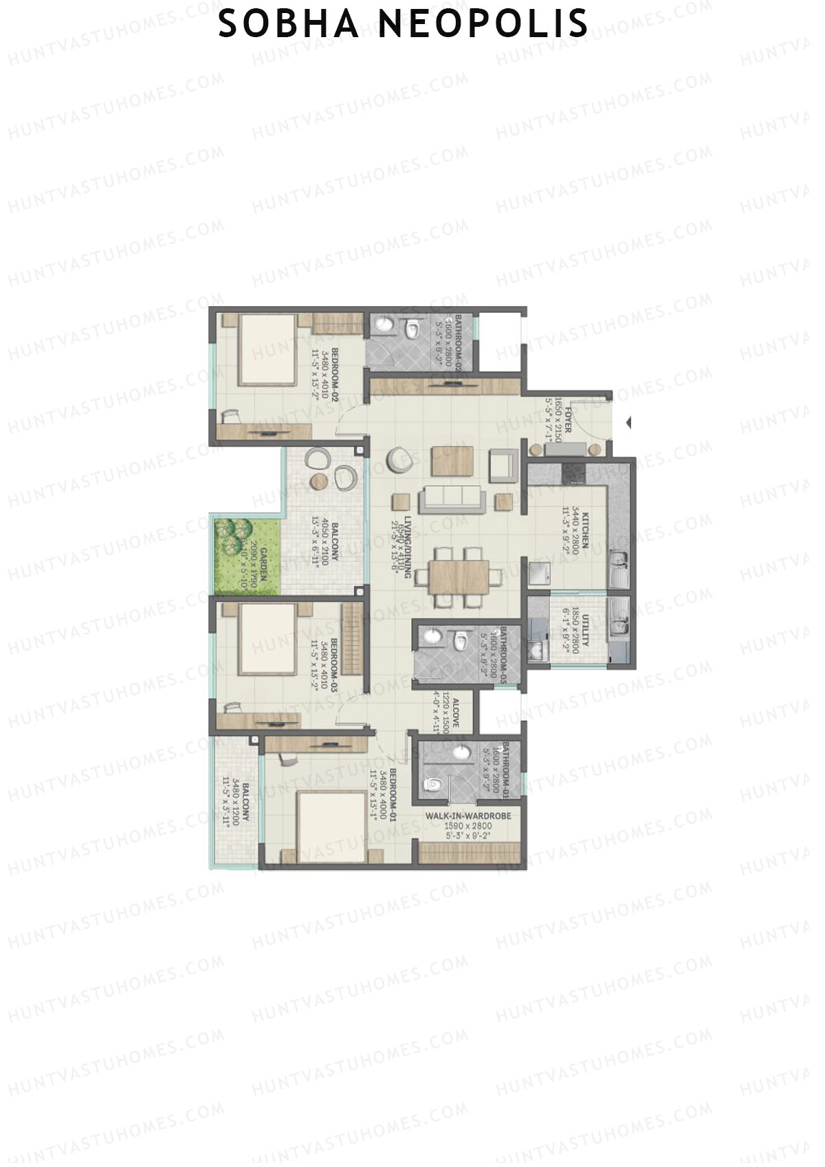 Sobha Neopolis Wing 12 Unit 2 (Type F) Floor Plan