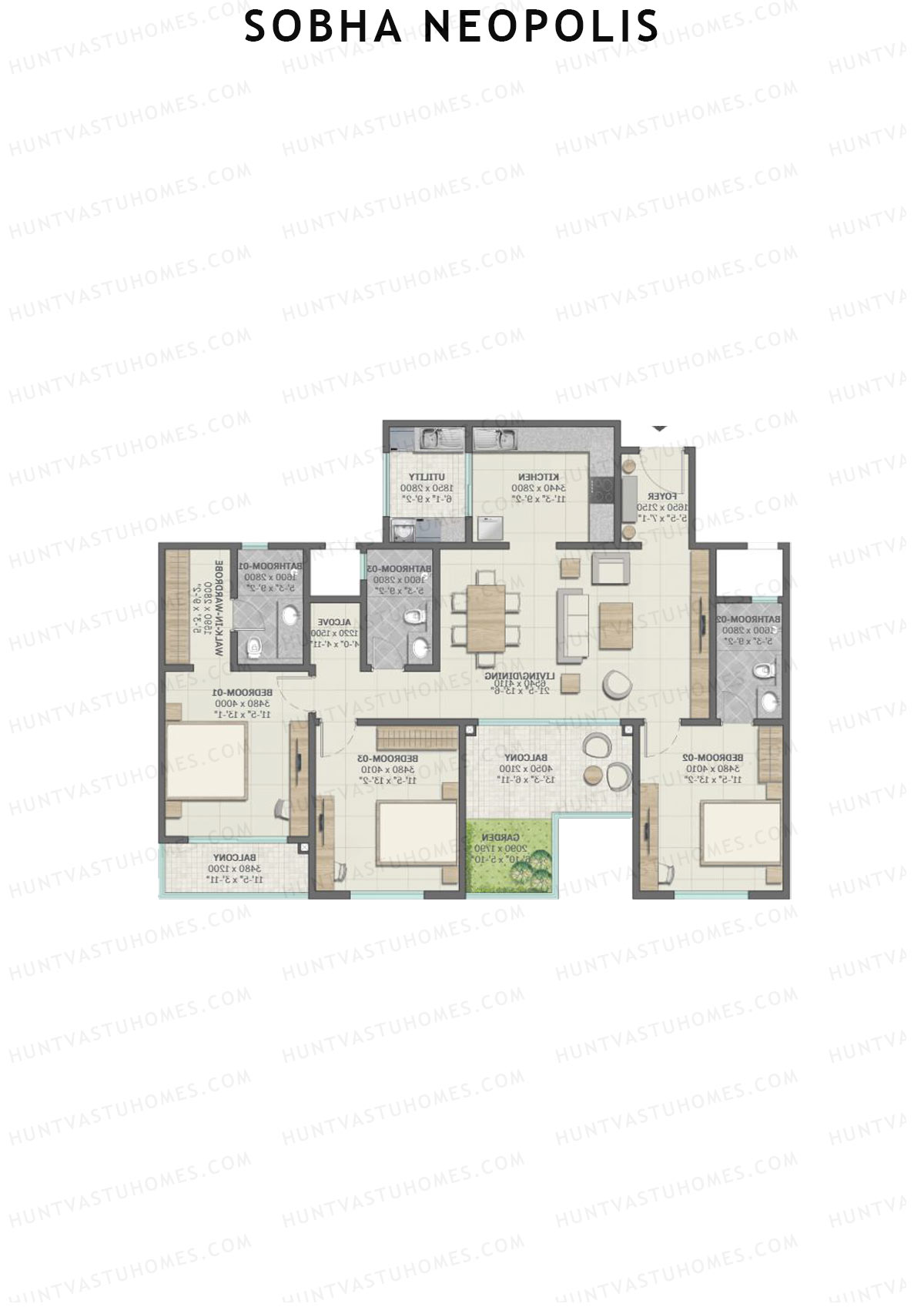 Sobha Neopolis Wing 5 Unit 3 (Type F) Floor Plan