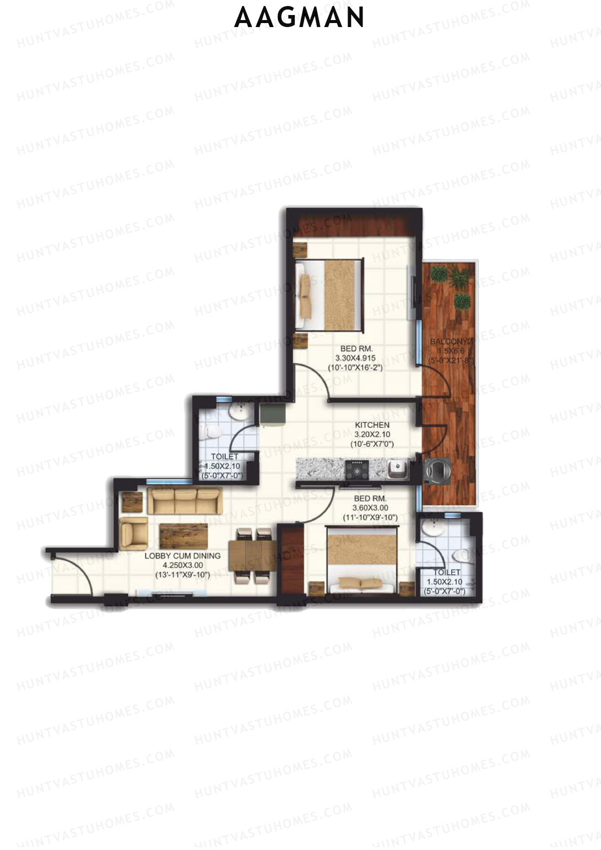 Aagman, Tower 8, Unit 1 (Type B), 2BHK, Carpet Area 632   sq ft 