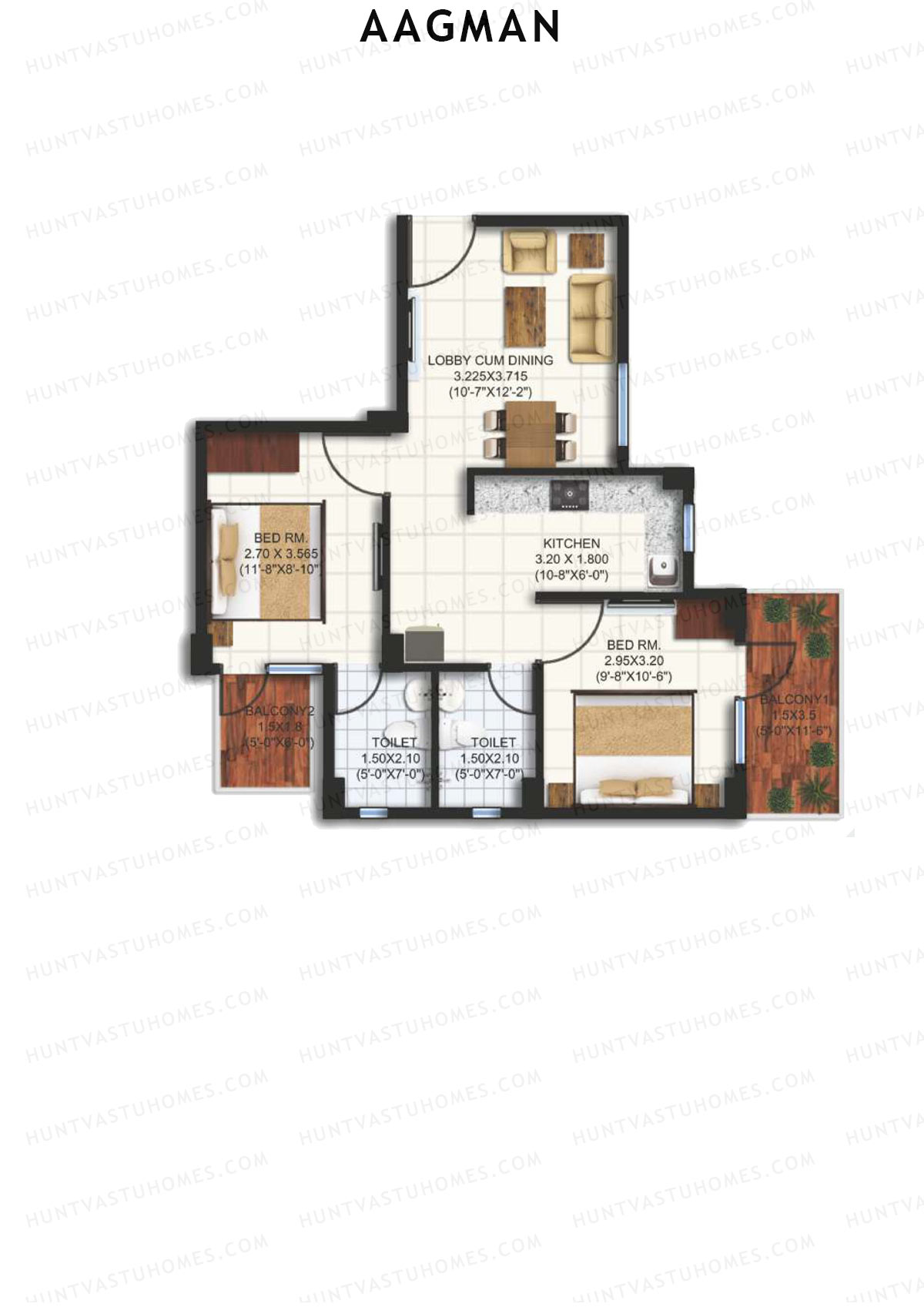 Aagman, Tower 8, Unit 3 (Type B1), 2BHK, Carpet Area 540   sq ft 