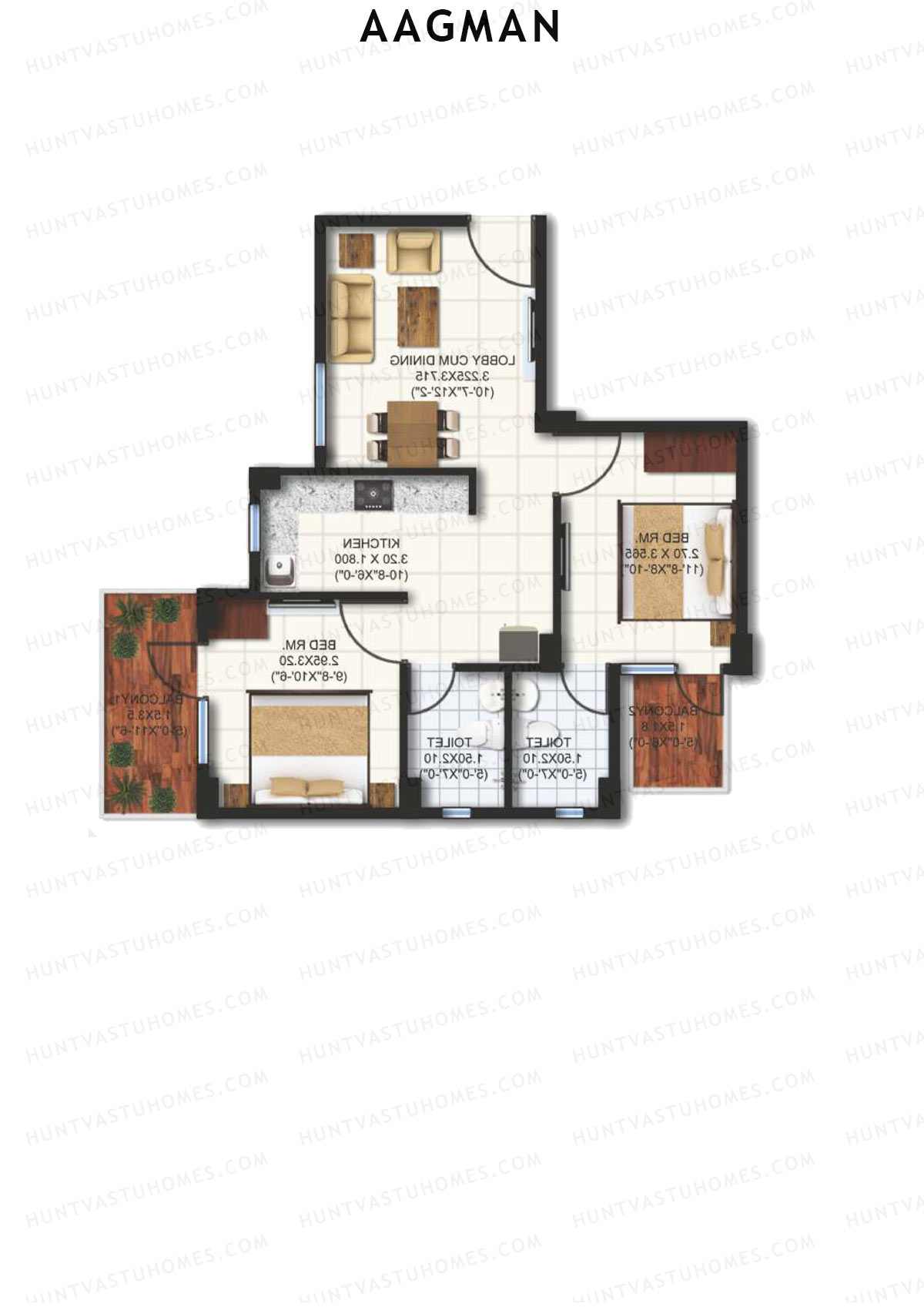Aagman, Tower 8, Unit 4 (Type B1), 2BHK, Carpet Area 540   sq ft 