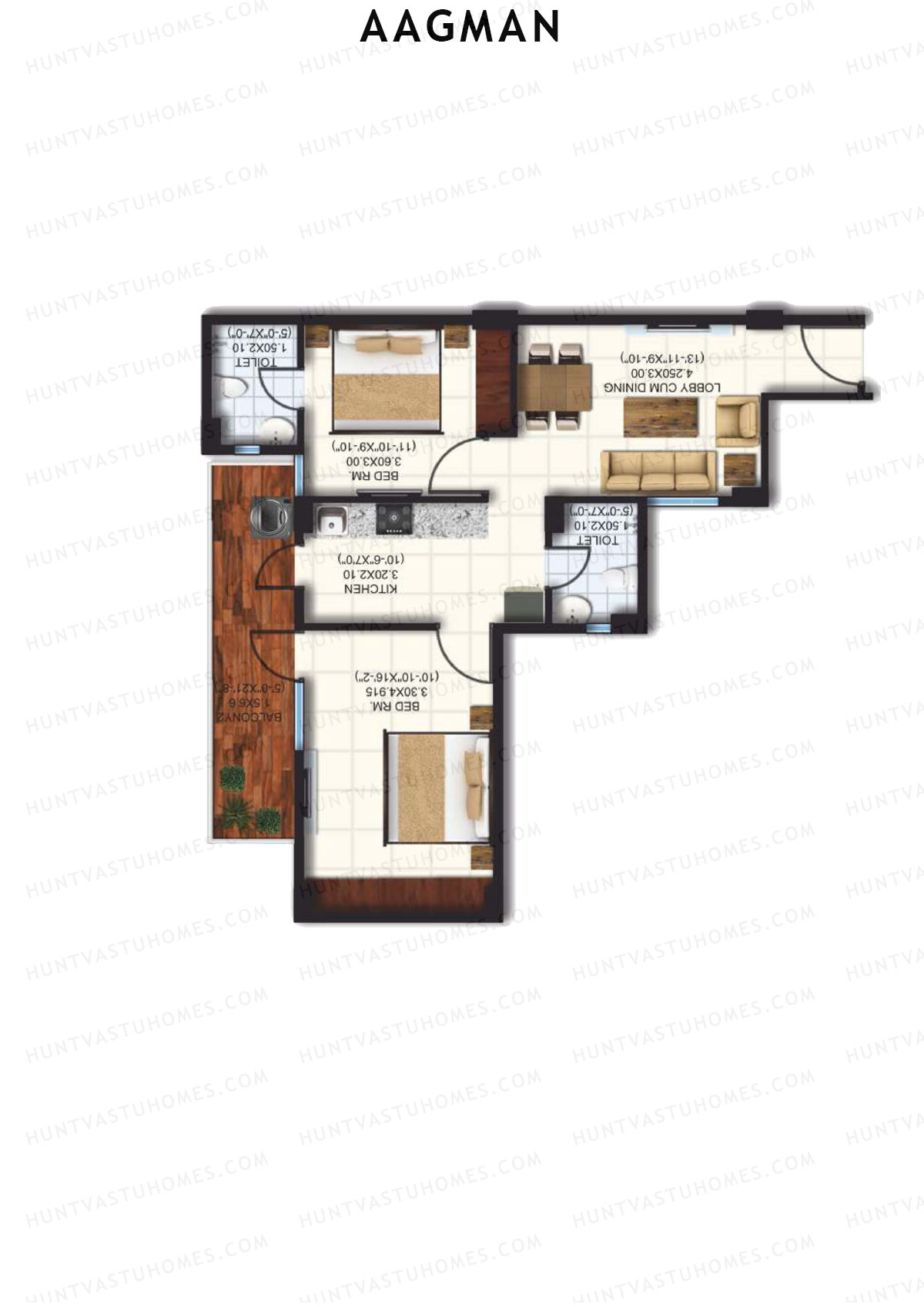 Aagman, Tower 8, Unit 5 (Type B), 2BHK, Carpet Area 632   sq ft 