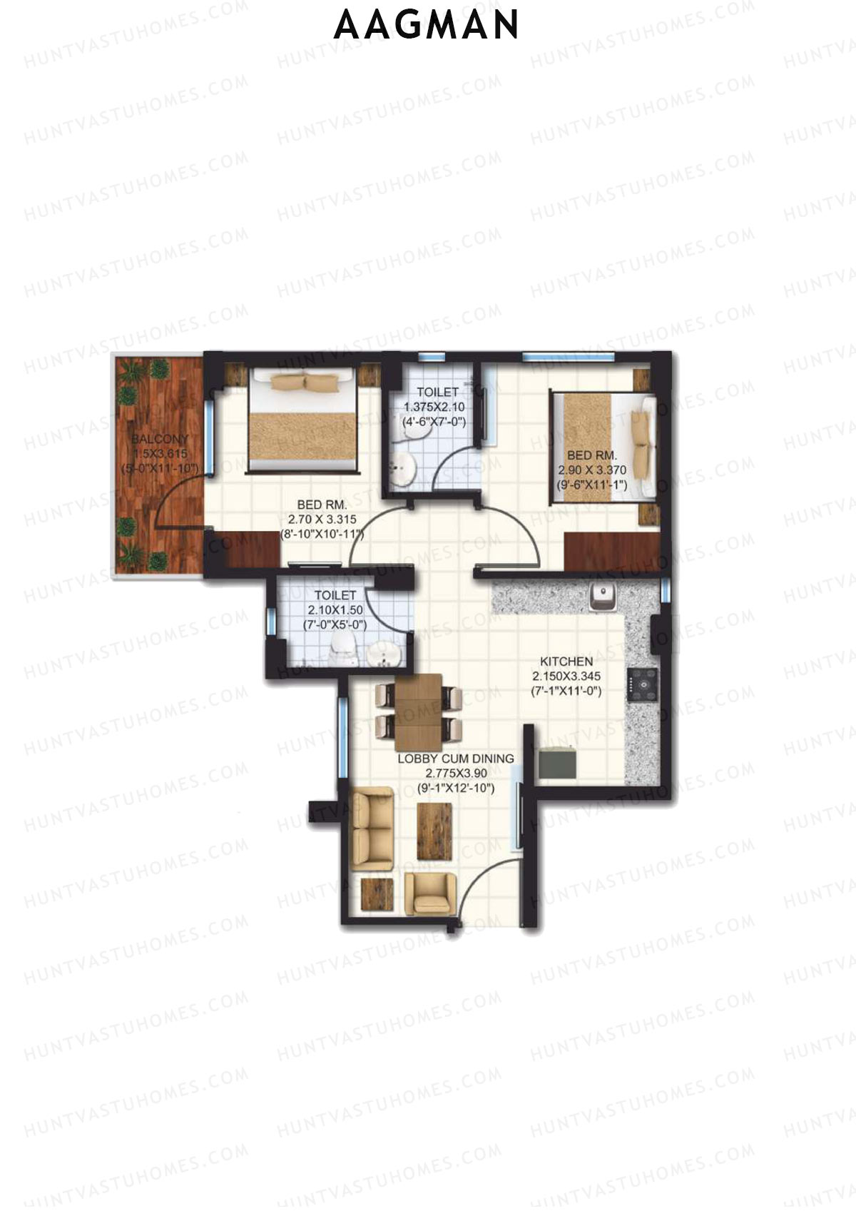 Aagman, Tower 8, Unit 7 (Type B2), 2BHK, Carpet Area 530   sq ft 