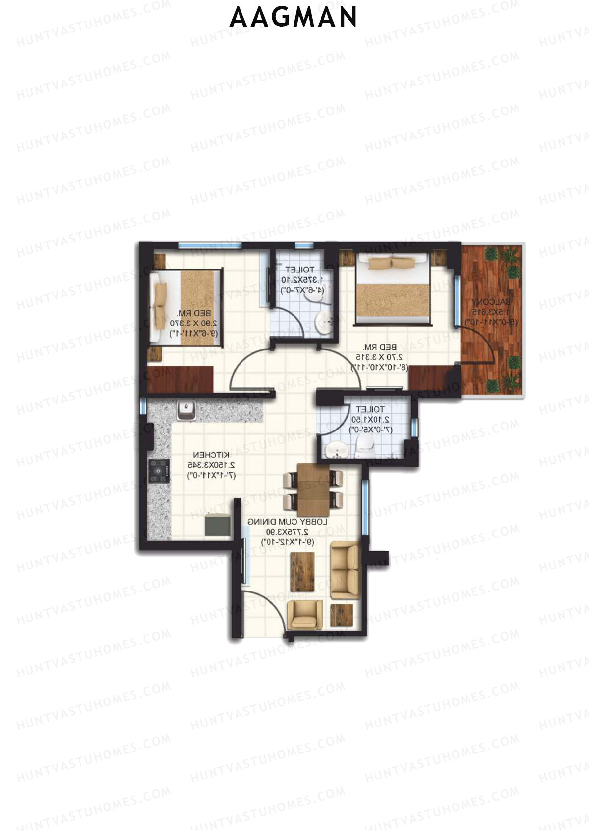 Aagman, Tower 8, Unit 8 (Type B2), 2BHK, Carpet Area 530   sq ft 