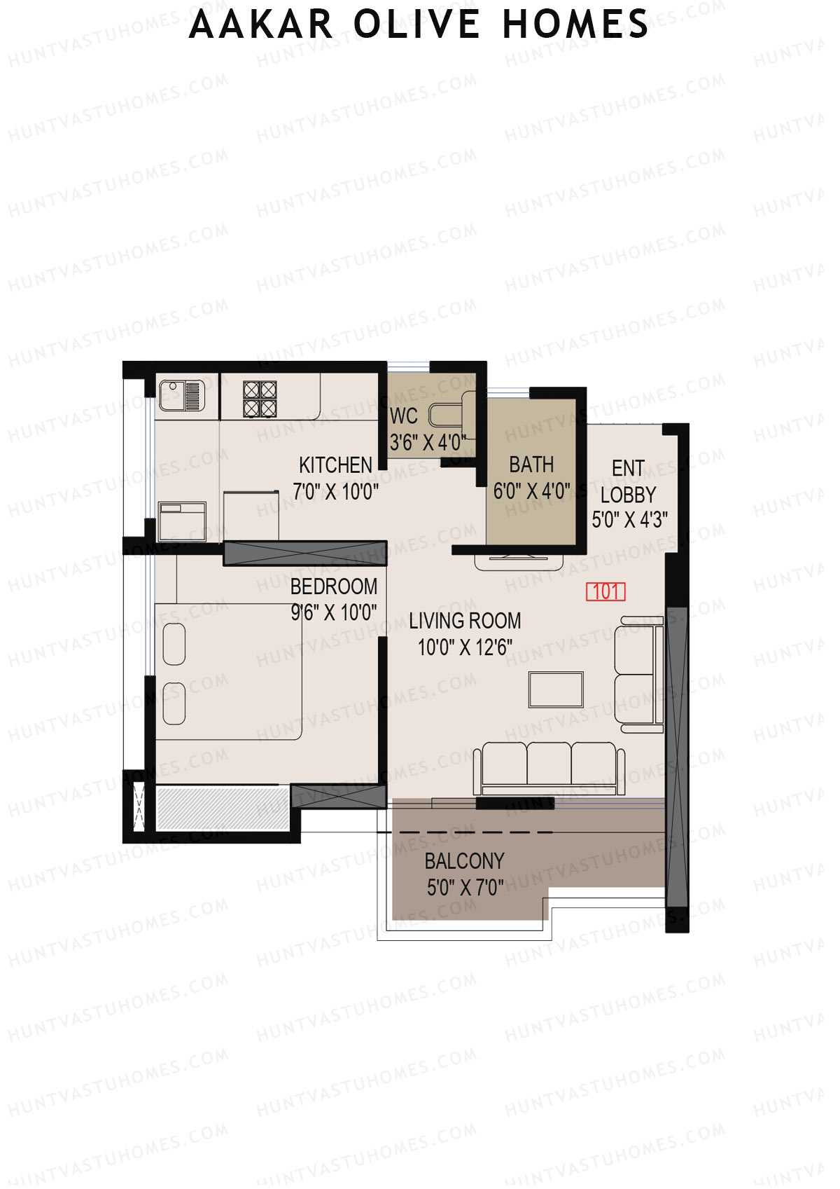 Aakar Olive Homes, Olive Homes 1 Wing A, Unit 1, 1BHK, Super Area 649   sq ft 