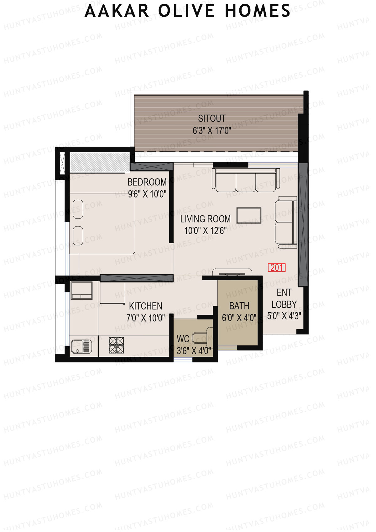 Aakar Olive Homes, Olive Homes 1 Wing A, Unit 1, 1BHK, Super Area 723   sq ft 