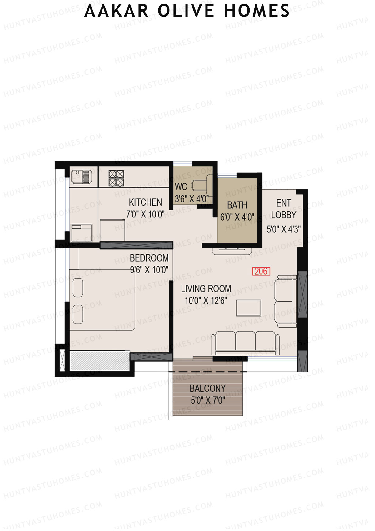 Aakar Olive Homes, Olive Homes 1 Wing A, Unit 6, 1BHK, Super Area 621   sq ft 