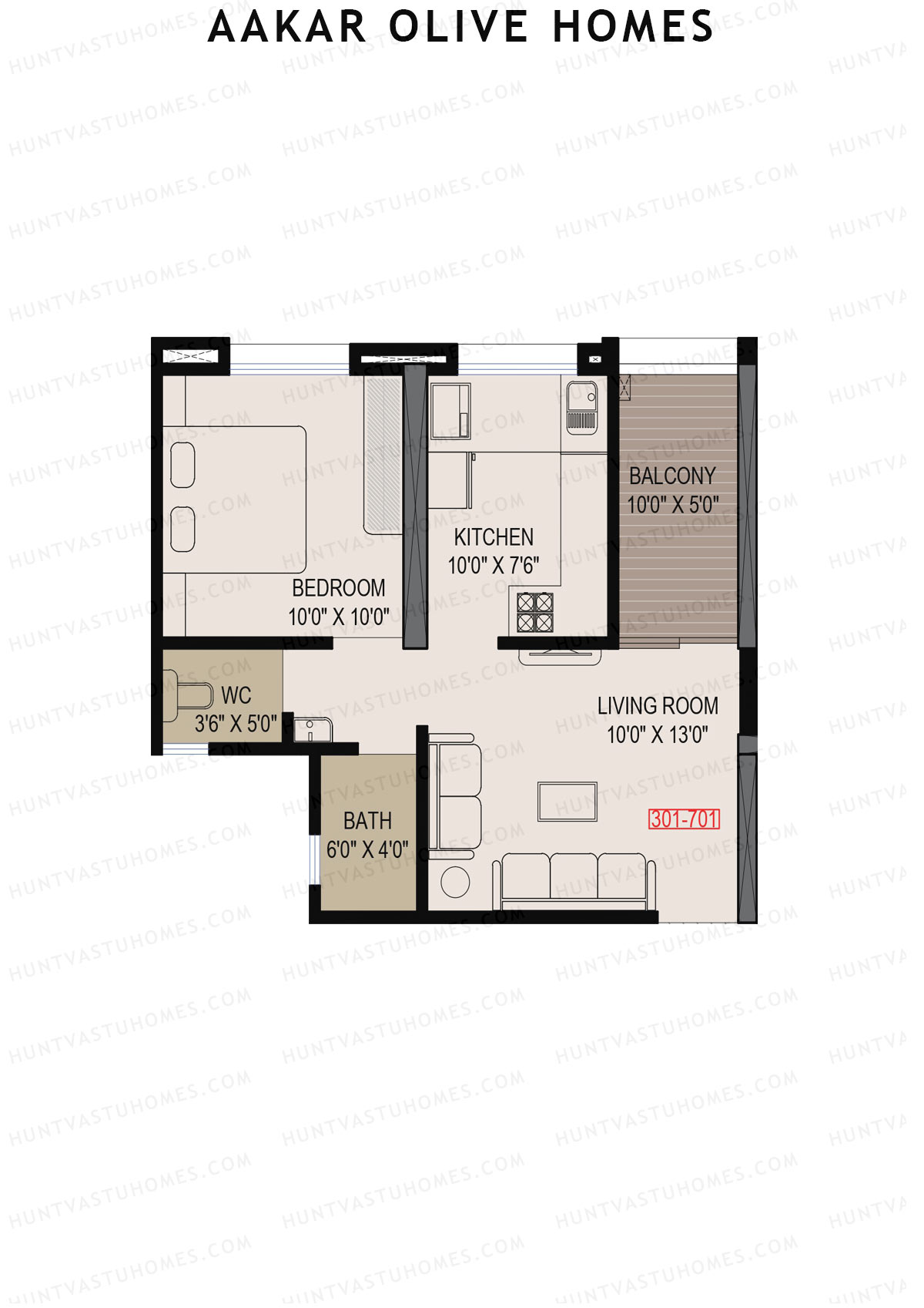Aakar Olive Homes, Olive Homes 1 Wing B, Unit 1, 1BHK, Super Area 629   sq ft 
