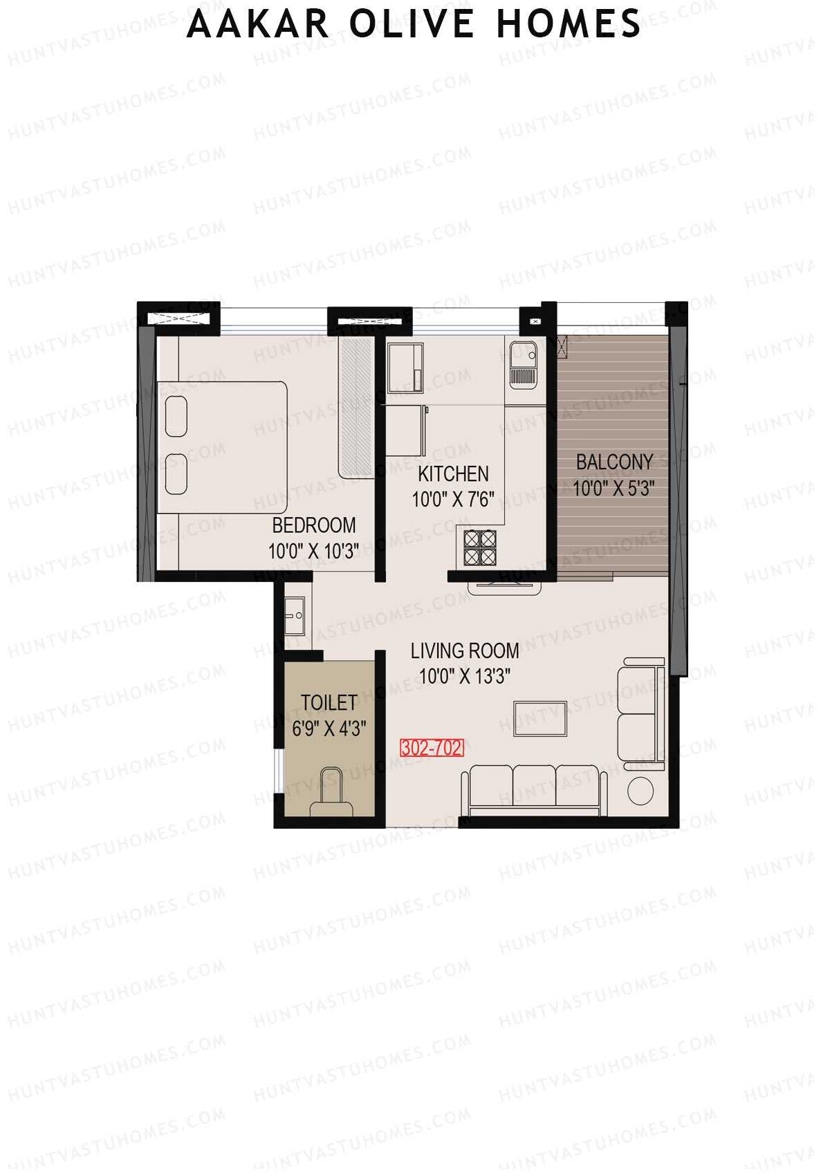 Aakar Olive Homes, Olive Homes 1 Wing B, Unit 2, 1BHK, Super Area 601   sq ft 