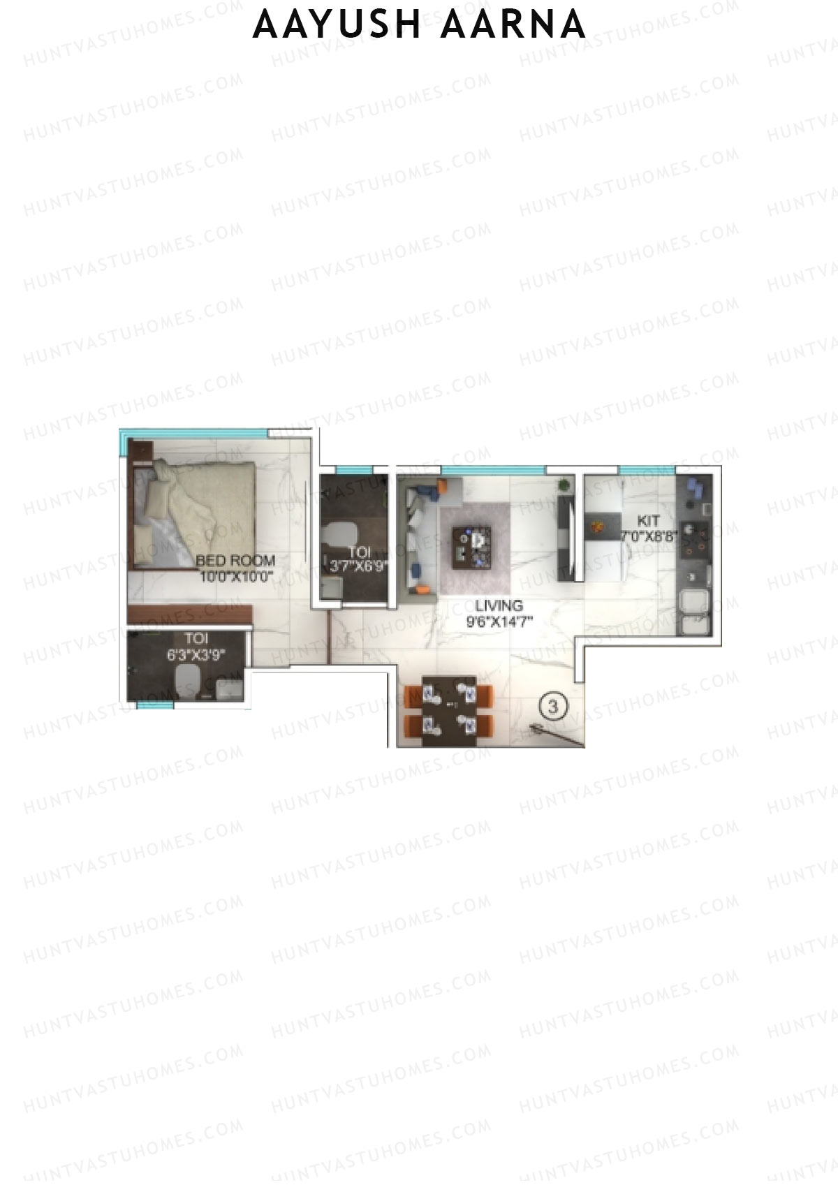 Aayush Aarna, Tower A, Unit 3, 1BHK, Carpet Area 370   sq ft 
