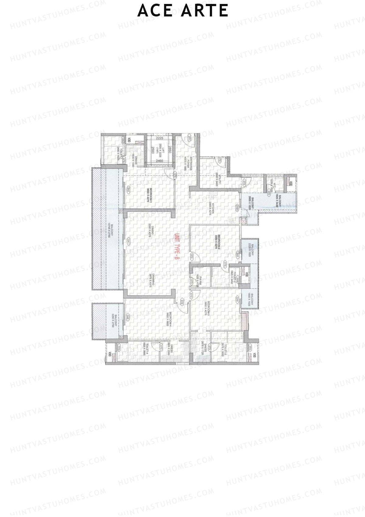 Ace Arte, Tower A1, Unit 1 (Type B), 4BHK, Carpet Area 2070   sq ft 
