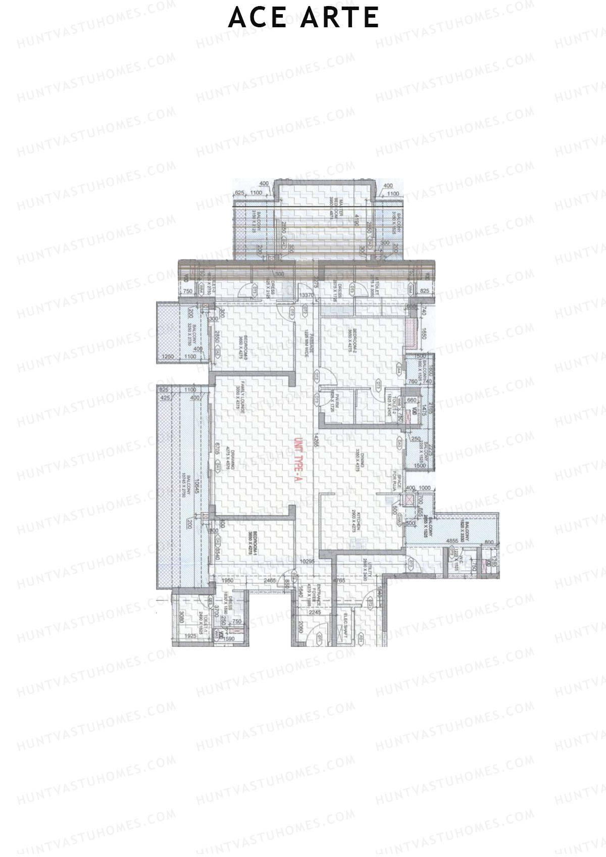 Ace Arte, Tower A1, Unit 2 (Type A), 4BHK, Carpet Area 2287   sq ft 