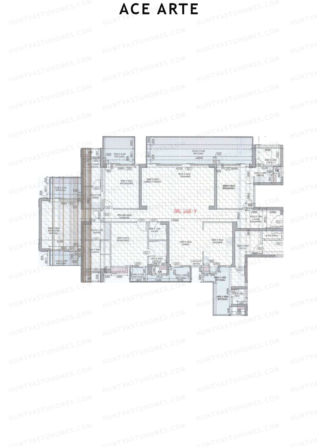 Ace Arte, Tower A2, Unit 1 (Type A), 4BHK, Carpet Area 2287   sq ft 