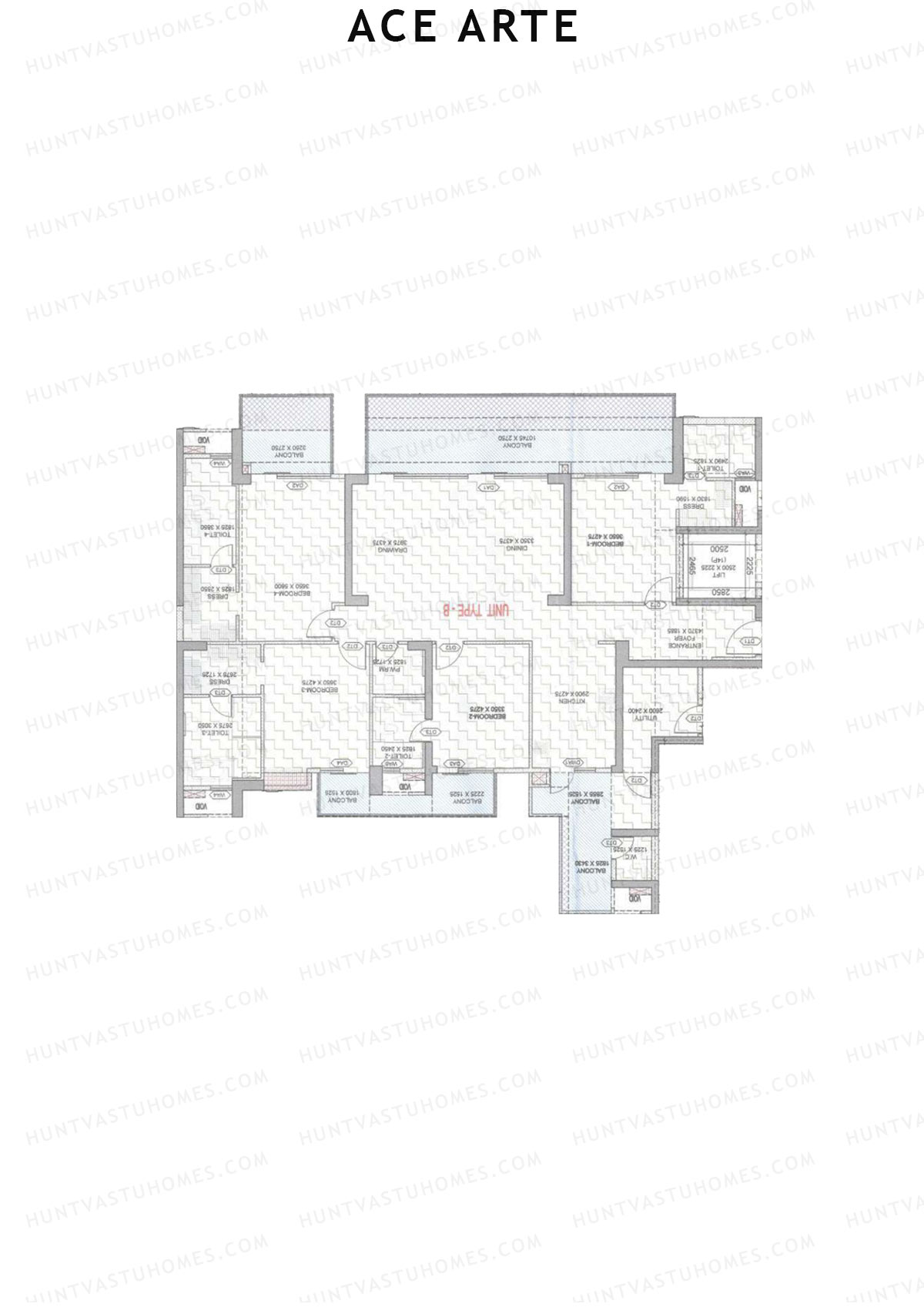 Ace Arte, Tower A2, Unit 1 (Type B), 4BHK, Carpet Area 2070   sq ft 