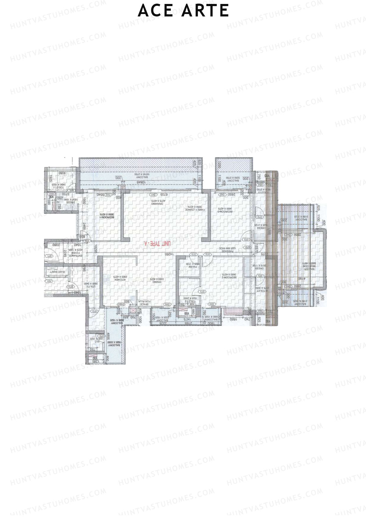 Ace Arte, Tower A2, Unit 2 (Type A), 4BHK, Carpet Area 2287   sq ft 