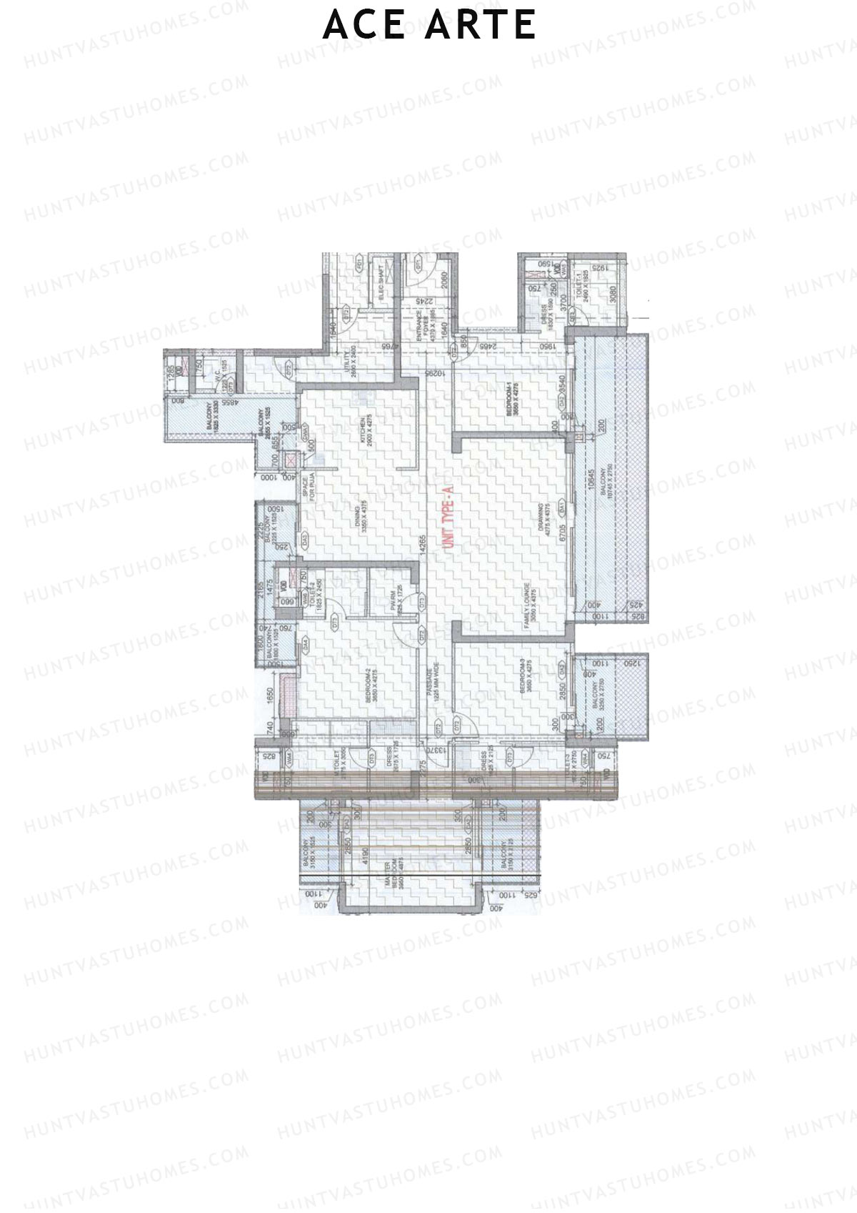 Ace Arte, Tower A4, Unit 1 (Type A), 4BHK, Carpet Area 2287   sq ft 