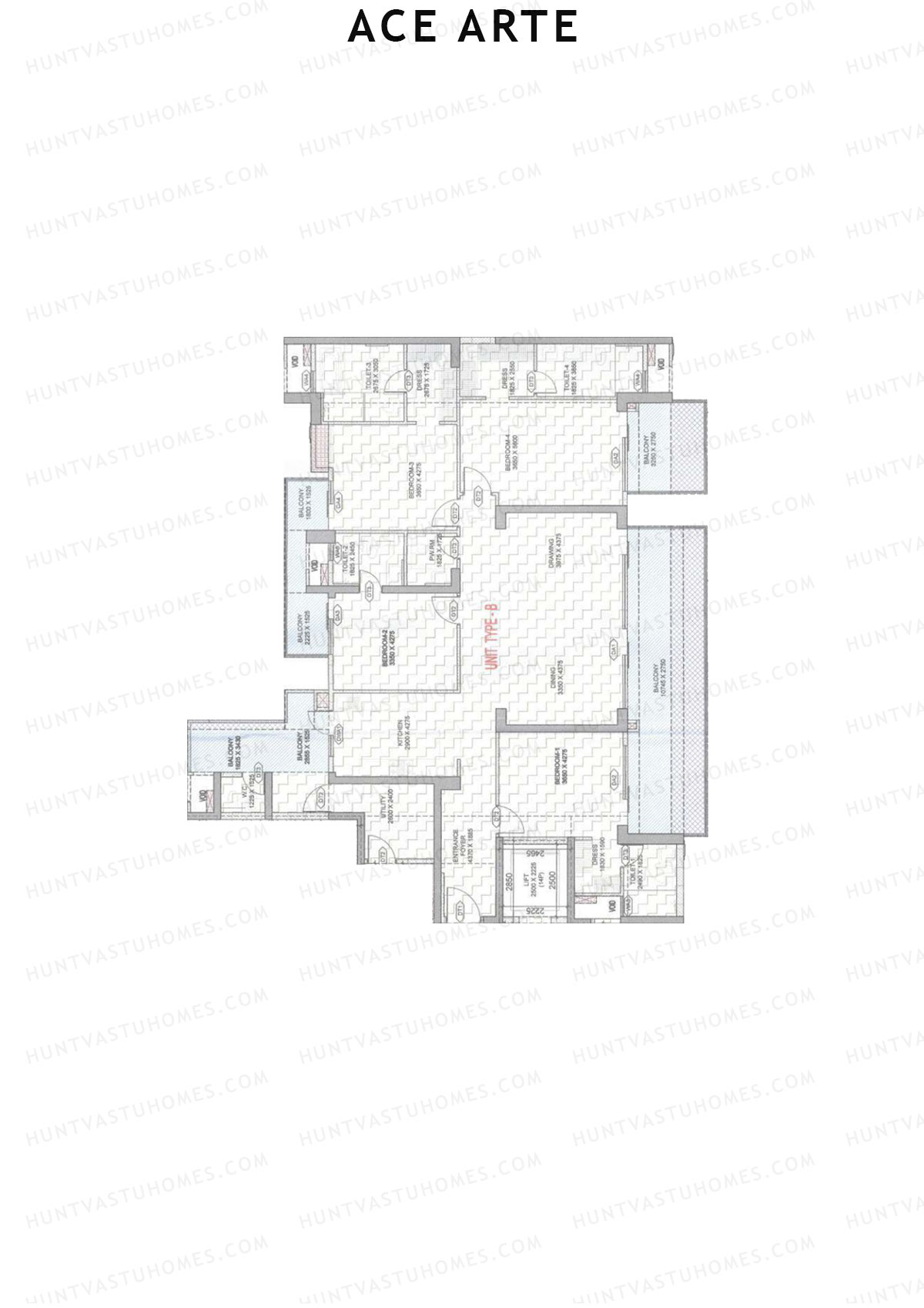 Ace Arte, Tower A4, Unit 2 (Type B), 4BHK, Carpet Area 2070   sq ft 