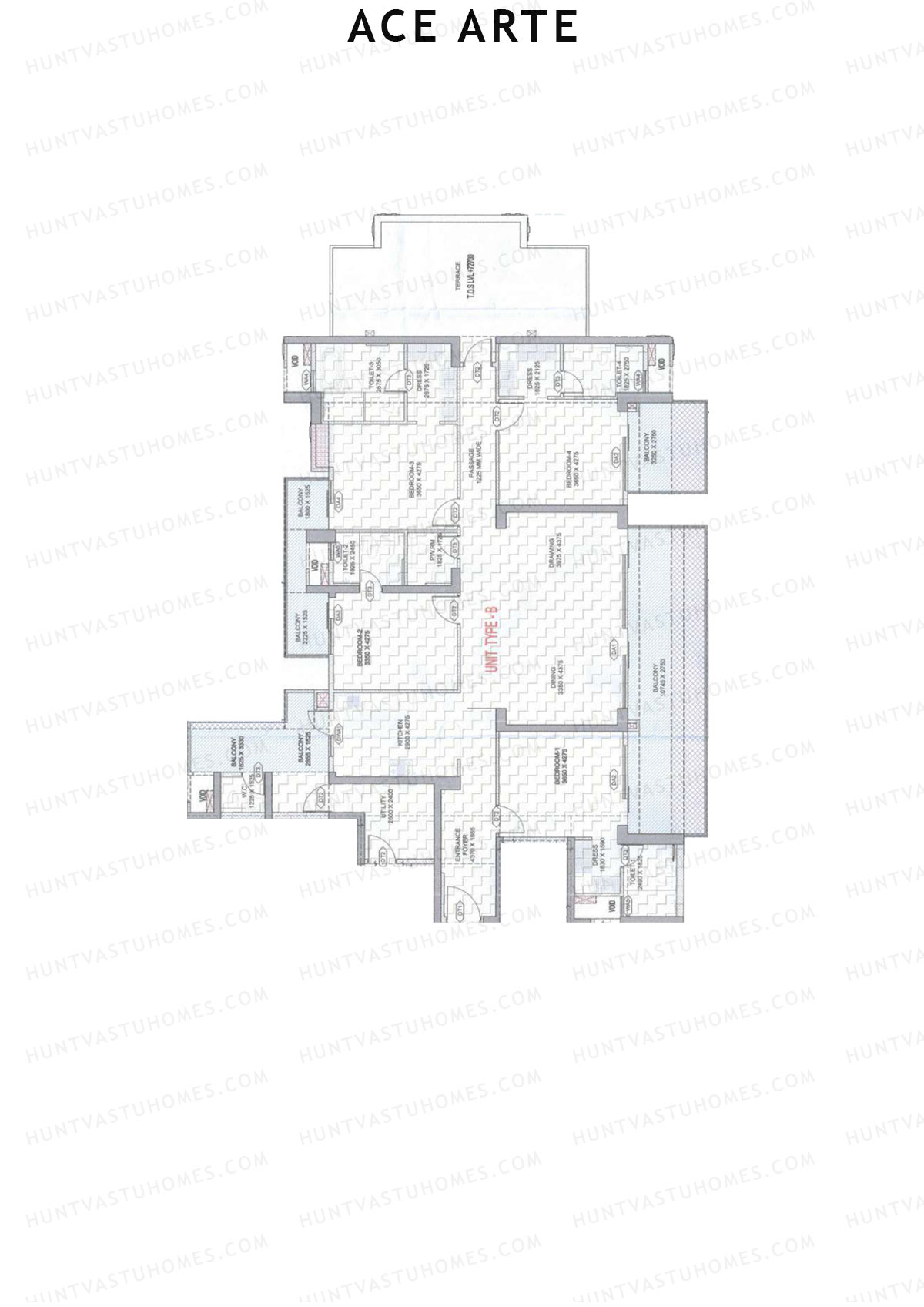 Ace Arte, Tower A4, Unit 2 (Type B), 4BHK, Carpet Area 2070   sq ft 