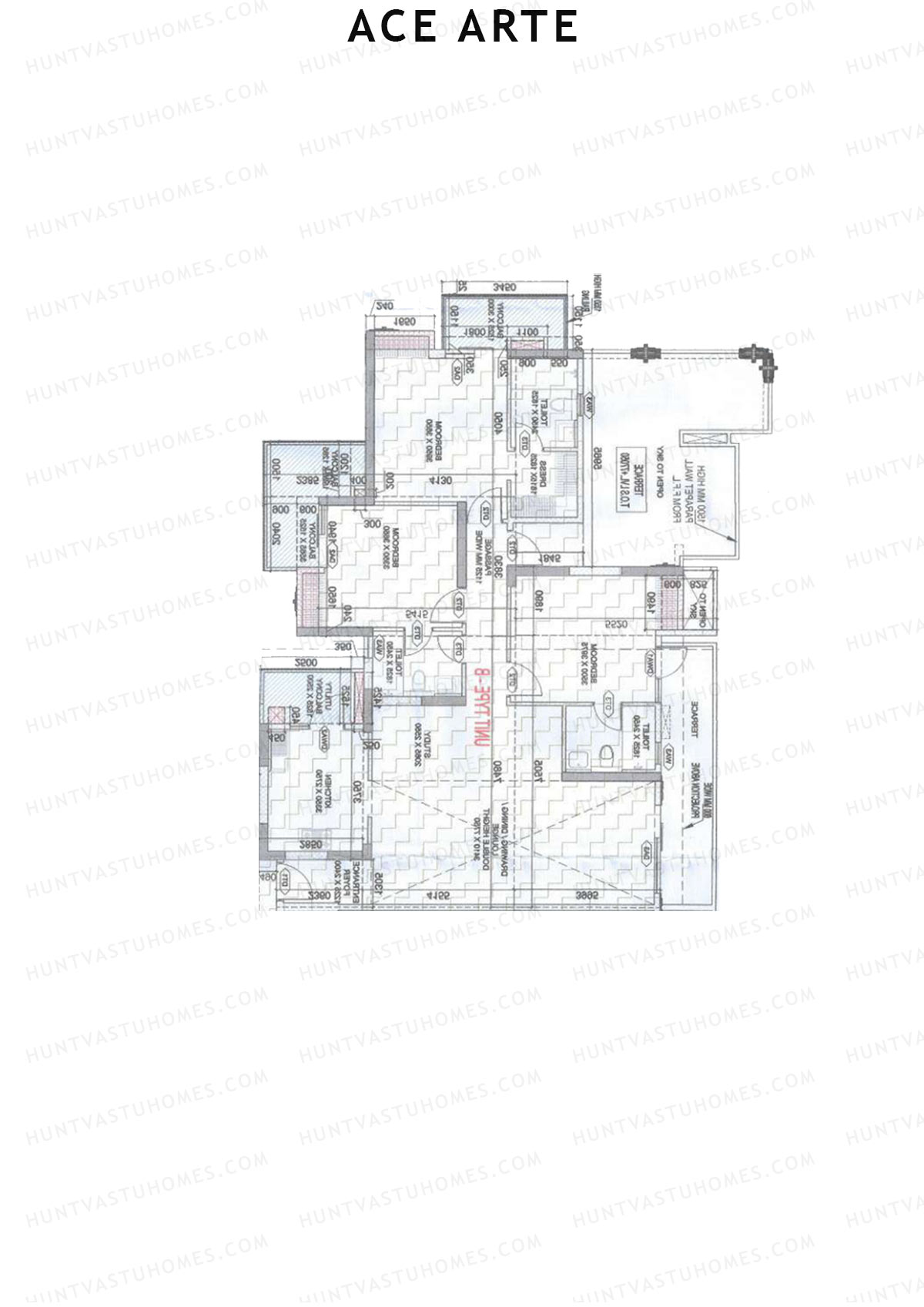Ace Arte, Tower B1, Unit 2 (Type B), 3BHK, Carpet Area 1332   sq ft 