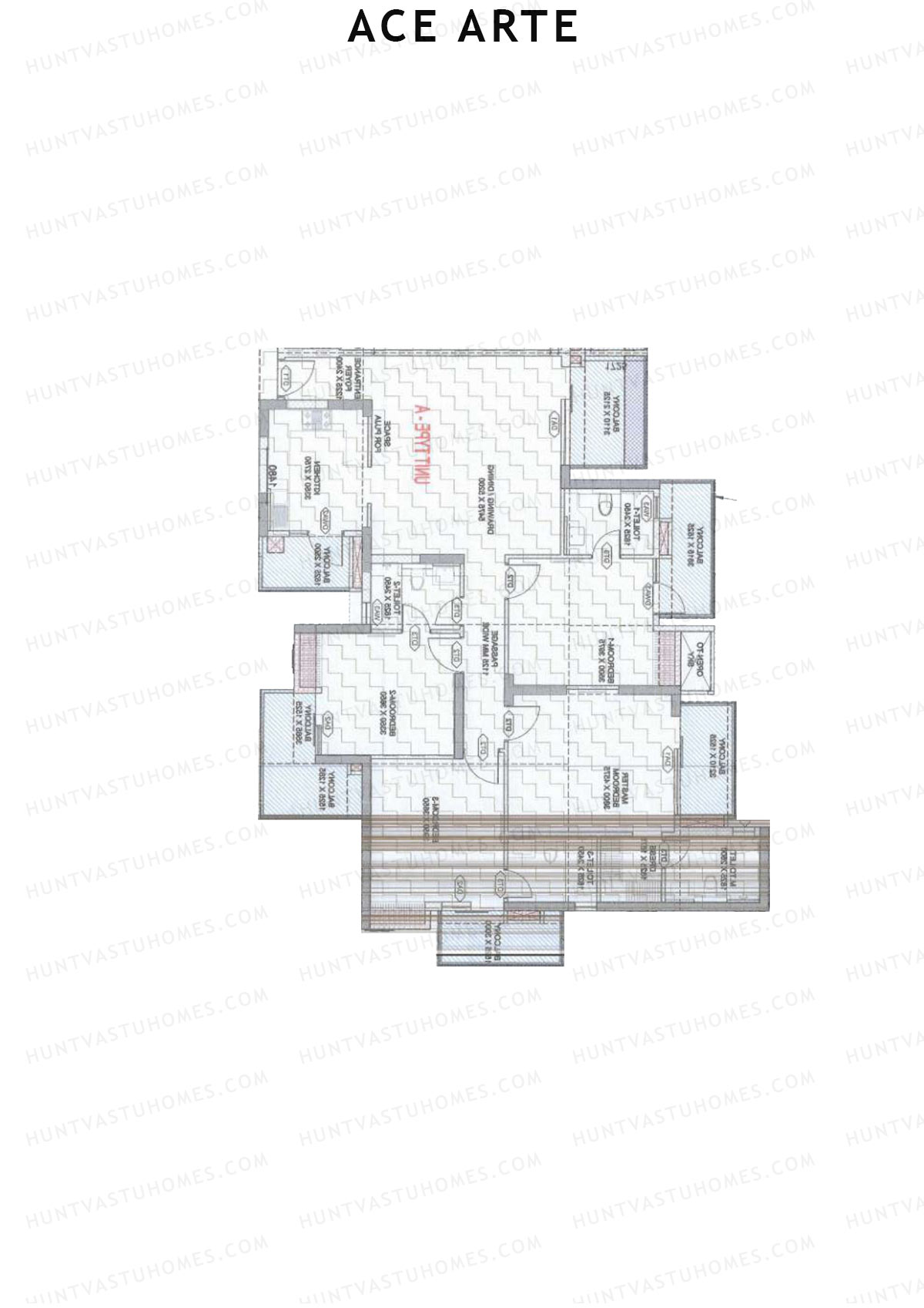 Ace Arte, Tower B1, Unit 3 (Type A), 4BHK, Carpet Area 1454   sq ft 