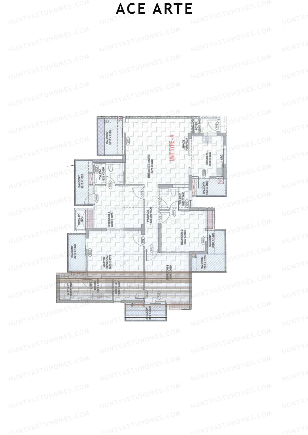 Ace Arte, Tower B1, Unit 4 (Type A), 4BHK, Carpet Area 1454   sq ft 