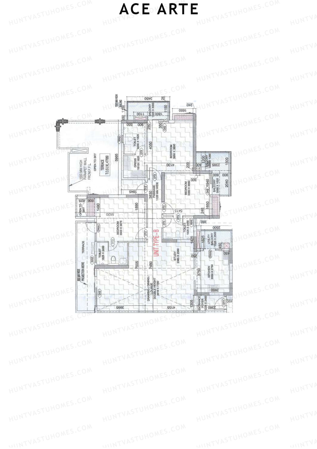 Ace Arte, Tower B2, Unit 1 (Type B), 3BHK, Carpet Area 1332   sq ft 