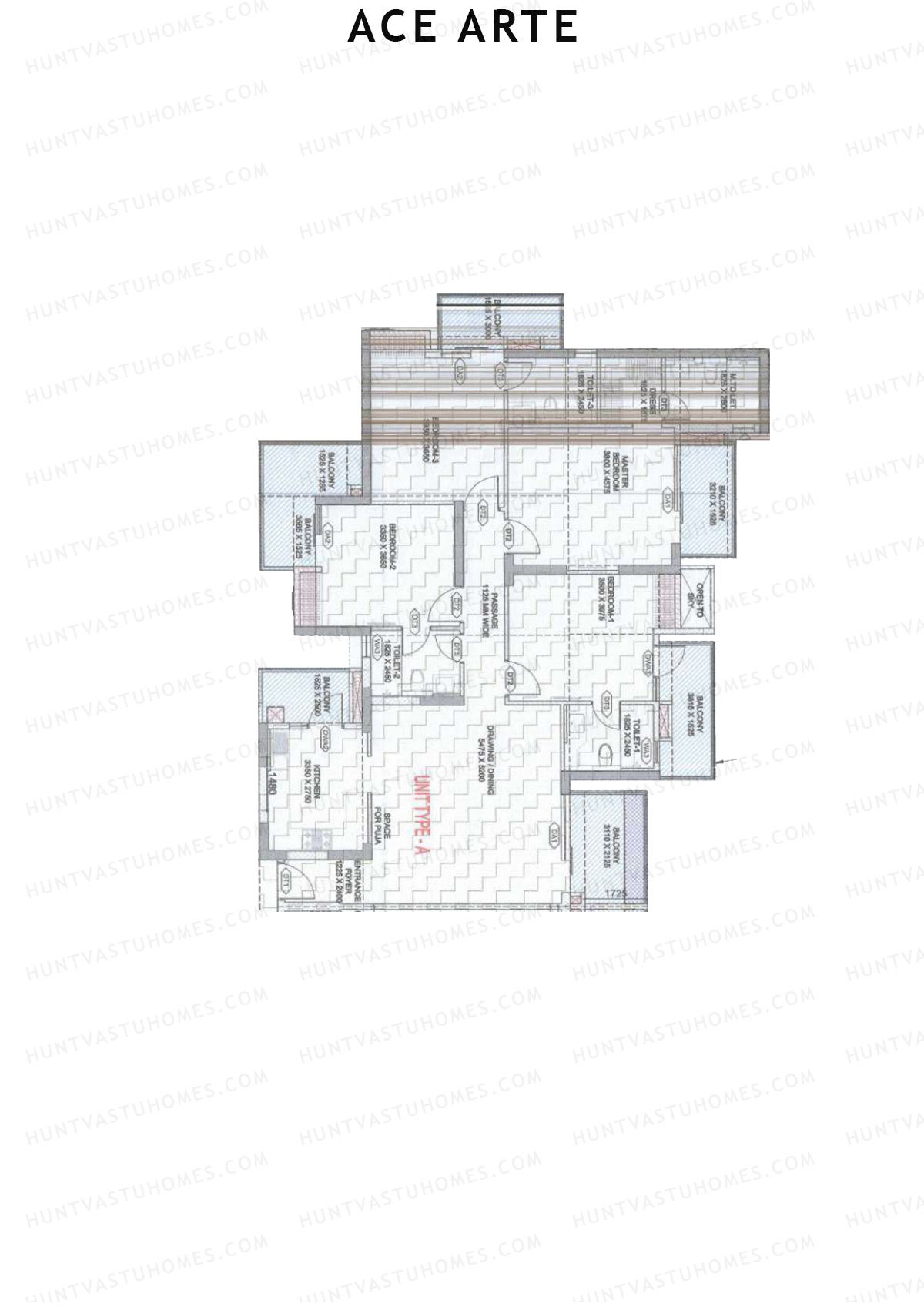 Ace Arte, Tower B2, Unit 2 (Type A), 4BHK, Carpet Area 1454   sq ft 