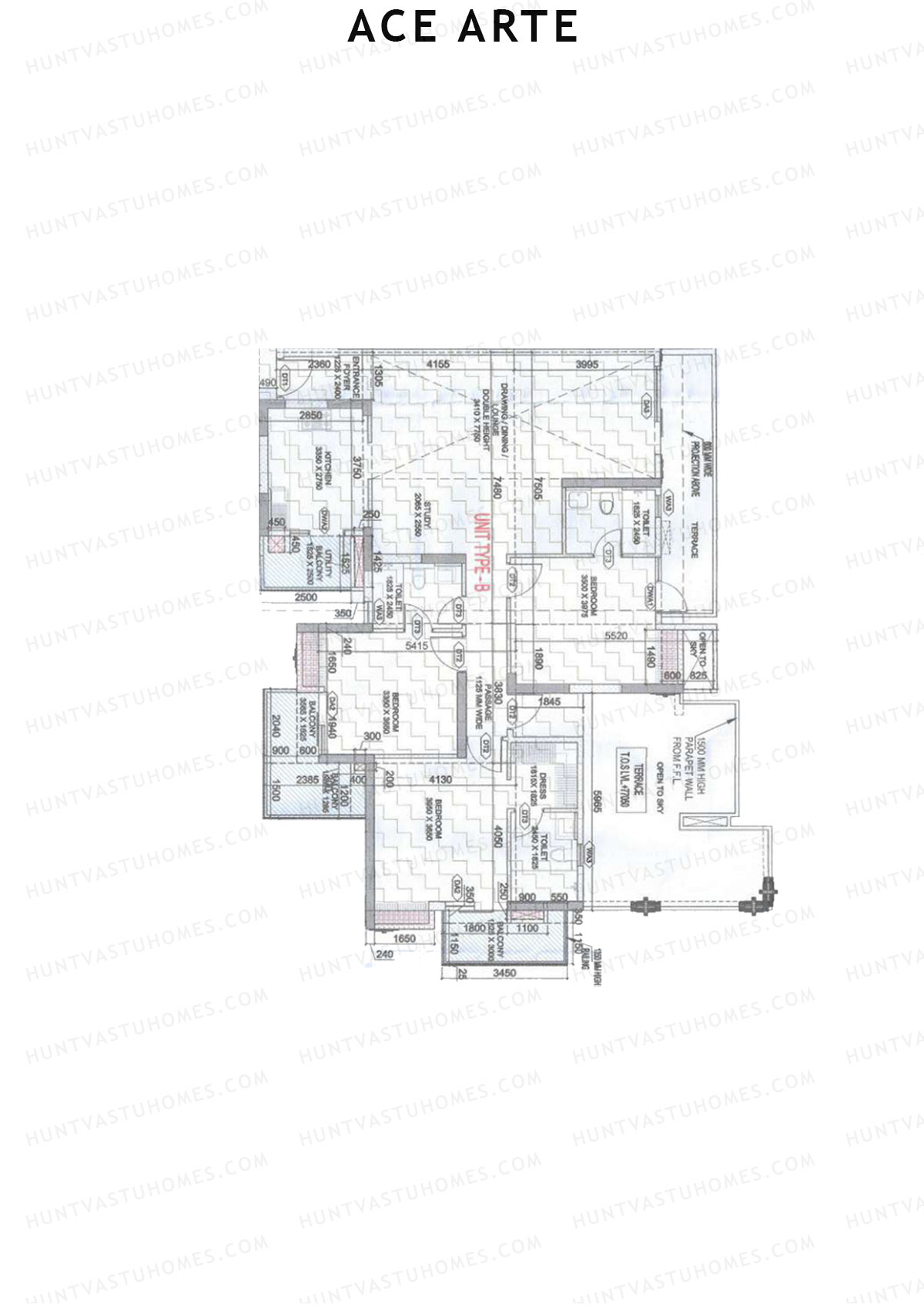 Ace Arte, Tower B2, Unit 3 (Type B), 3BHK, Carpet Area 1332   sq ft 