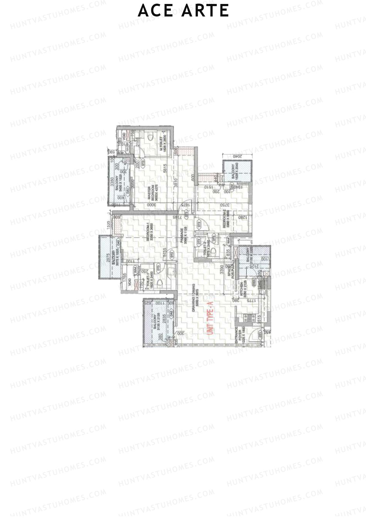 Ace Arte, Tower C1, Unit 1 (Type A), 3BHK, Carpet Area 1022   sq ft 