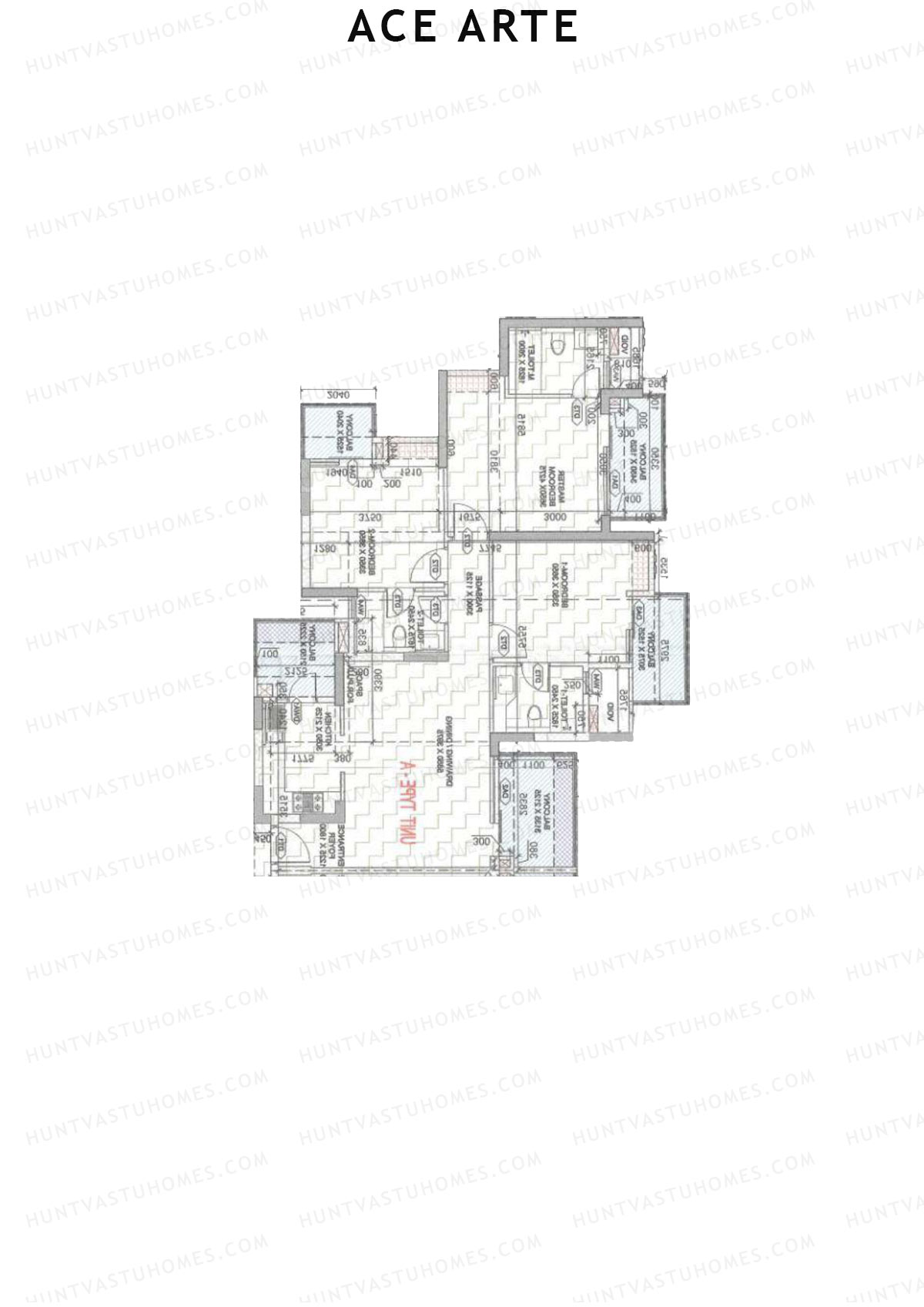Ace Arte, Tower C1, Unit 2 (Type A), 3BHK, Carpet Area 1022   sq ft 