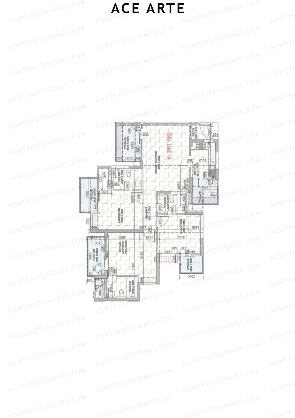 Ace Arte, Tower C1, Unit 4 (Type A), 3BHK, Carpet Area 1022   sq ft 