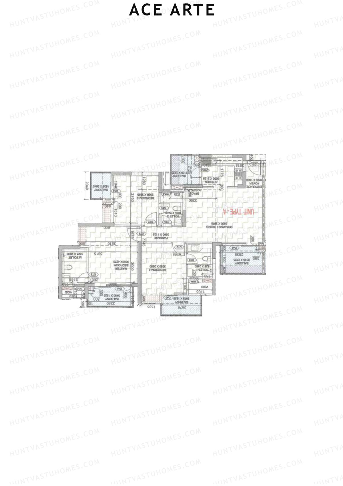 Ace Arte, Tower C2, Unit 4 (Type A), 3BHK, Carpet Area 1022   sq ft 