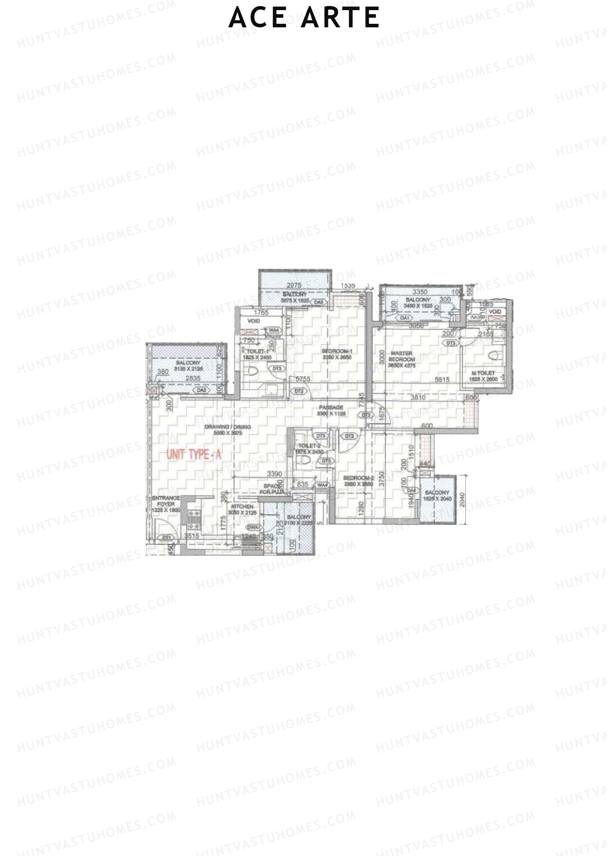 Ace Arte, Tower C3, Unit 2 (Type A), 3BHK, Carpet Area 1022   sq ft 