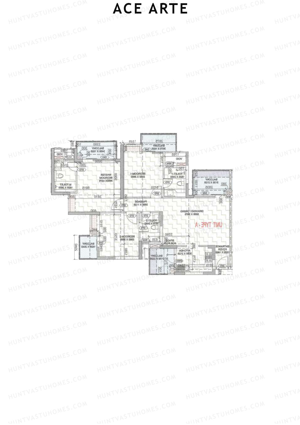 Ace Arte, Tower C4, Unit 1 (Type A), 3BHK, Carpet Area 1022   sq ft 