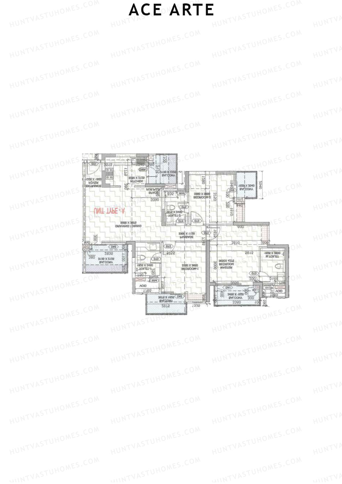 Ace Arte, Tower C4, Unit 3 (Type A), 3BHK, Carpet Area 1022   sq ft 