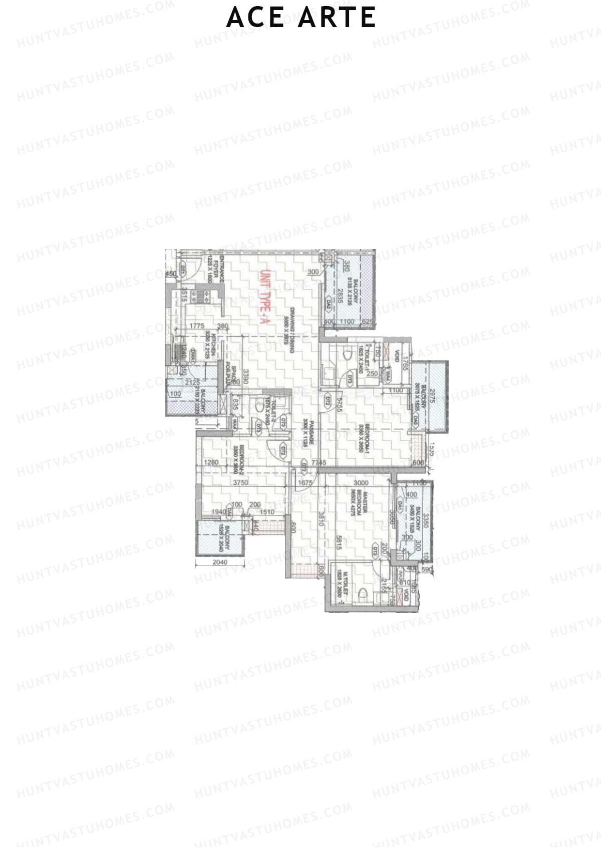 Ace Arte, Tower C5, Unit 3 (Type A), 3BHK, Carpet Area 1022   sq ft 