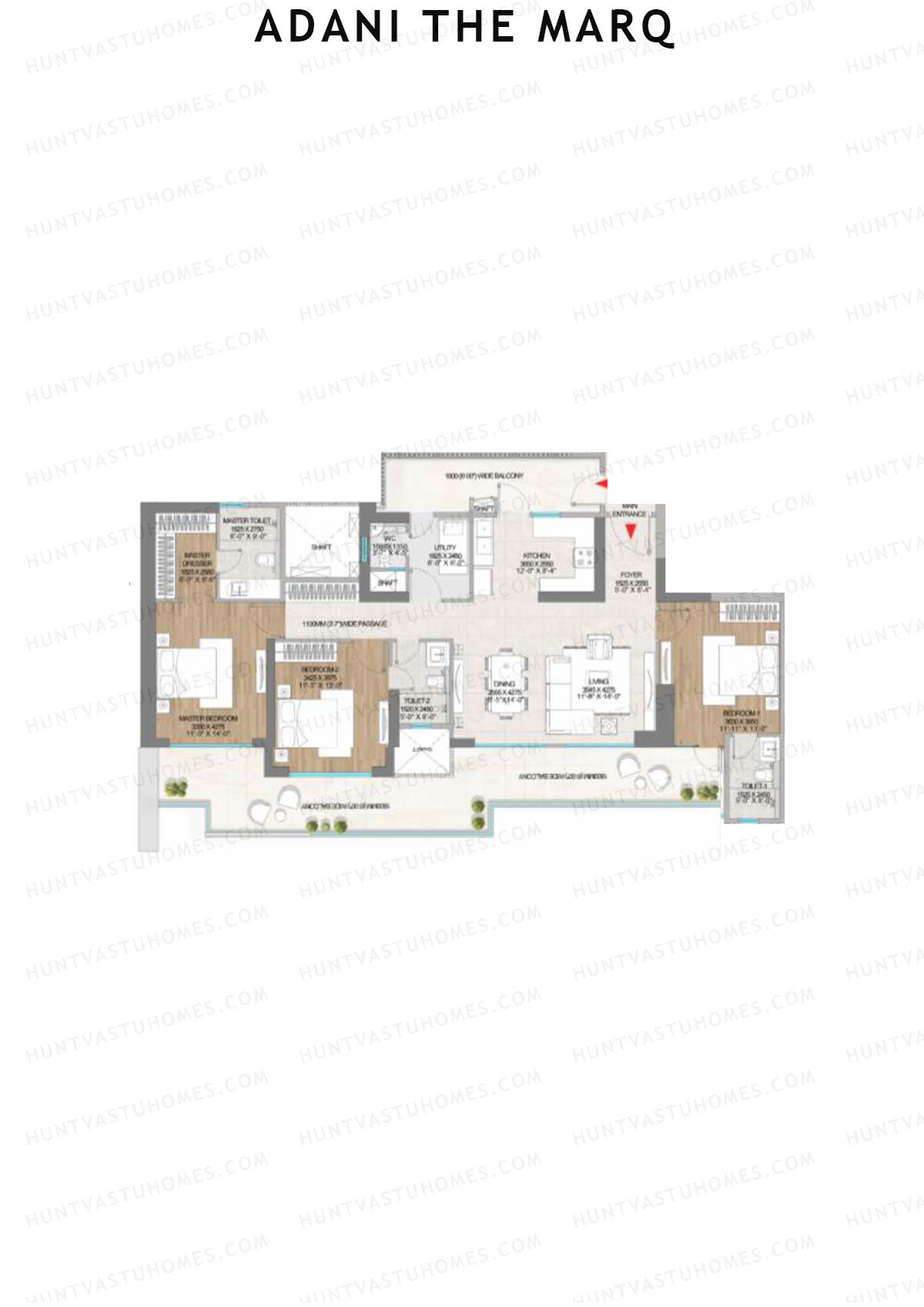 Adani The Marq, Tower A, Unit 1 (Type B), 3BHK, Carpet Area 1288   sq ft 