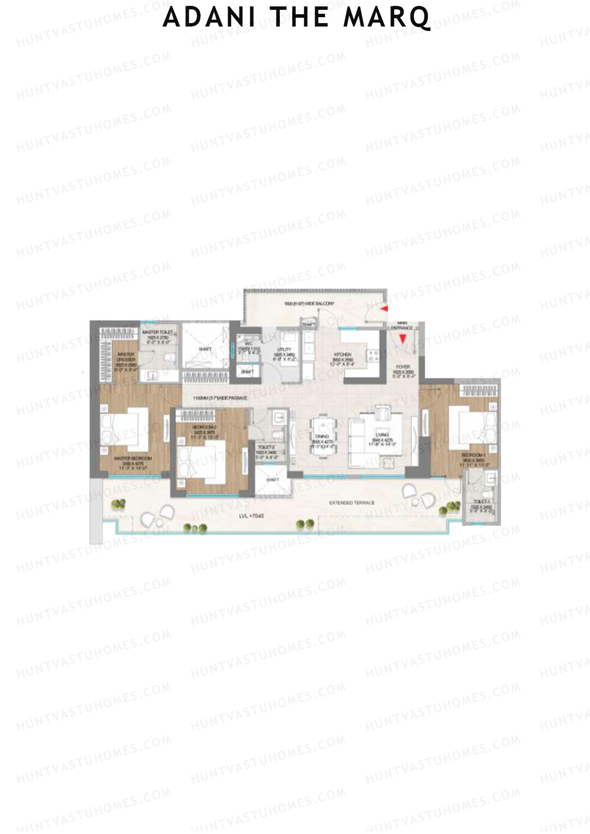 Adani The Marq, Tower A, Unit 1 (Type B), 3BHK, Carpet Area 1288   sq ft 