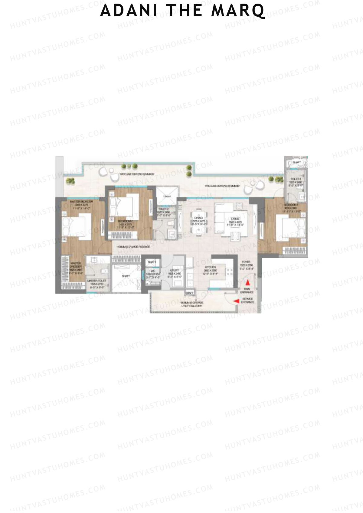Adani The Marq, Tower A, Unit 2 (Type B), 3BHK, Carpet Area 1287   sq ft 