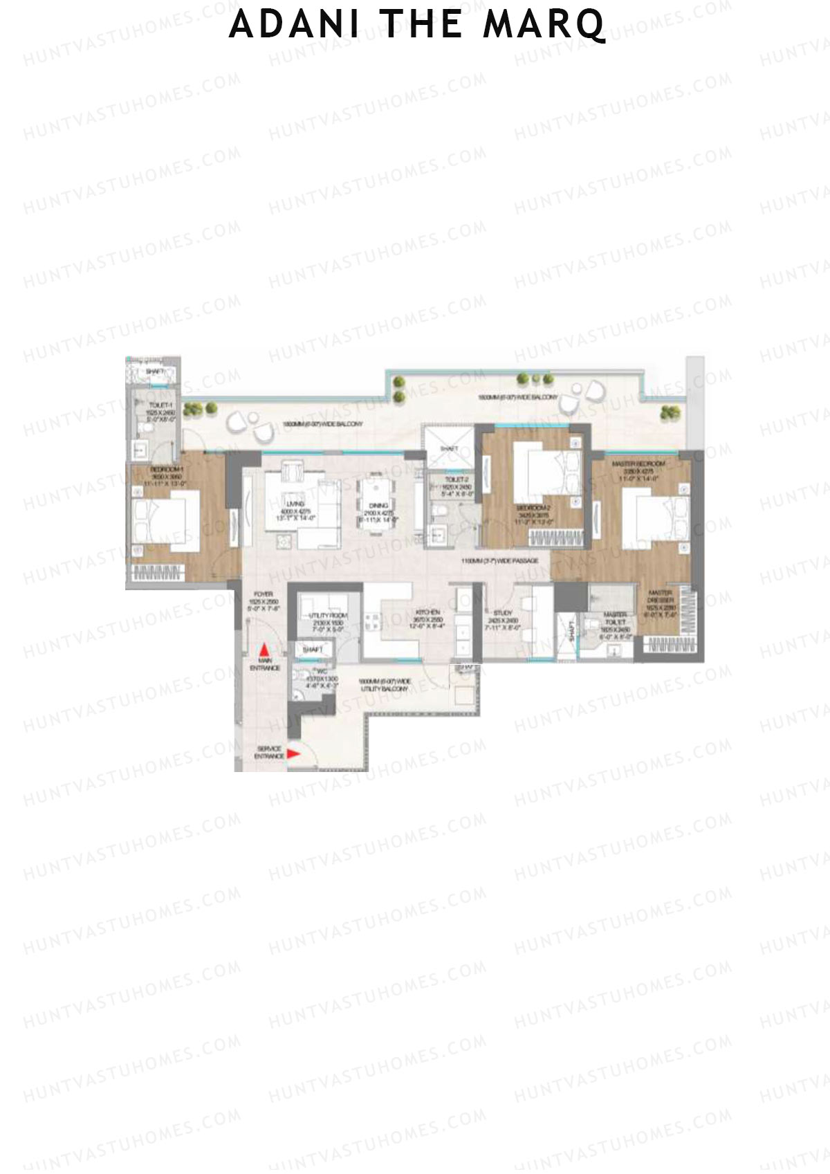 Adani The Marq, Tower A, Unit 3 (Type A), 3BHK, Carpet Area 1333   sq ft 